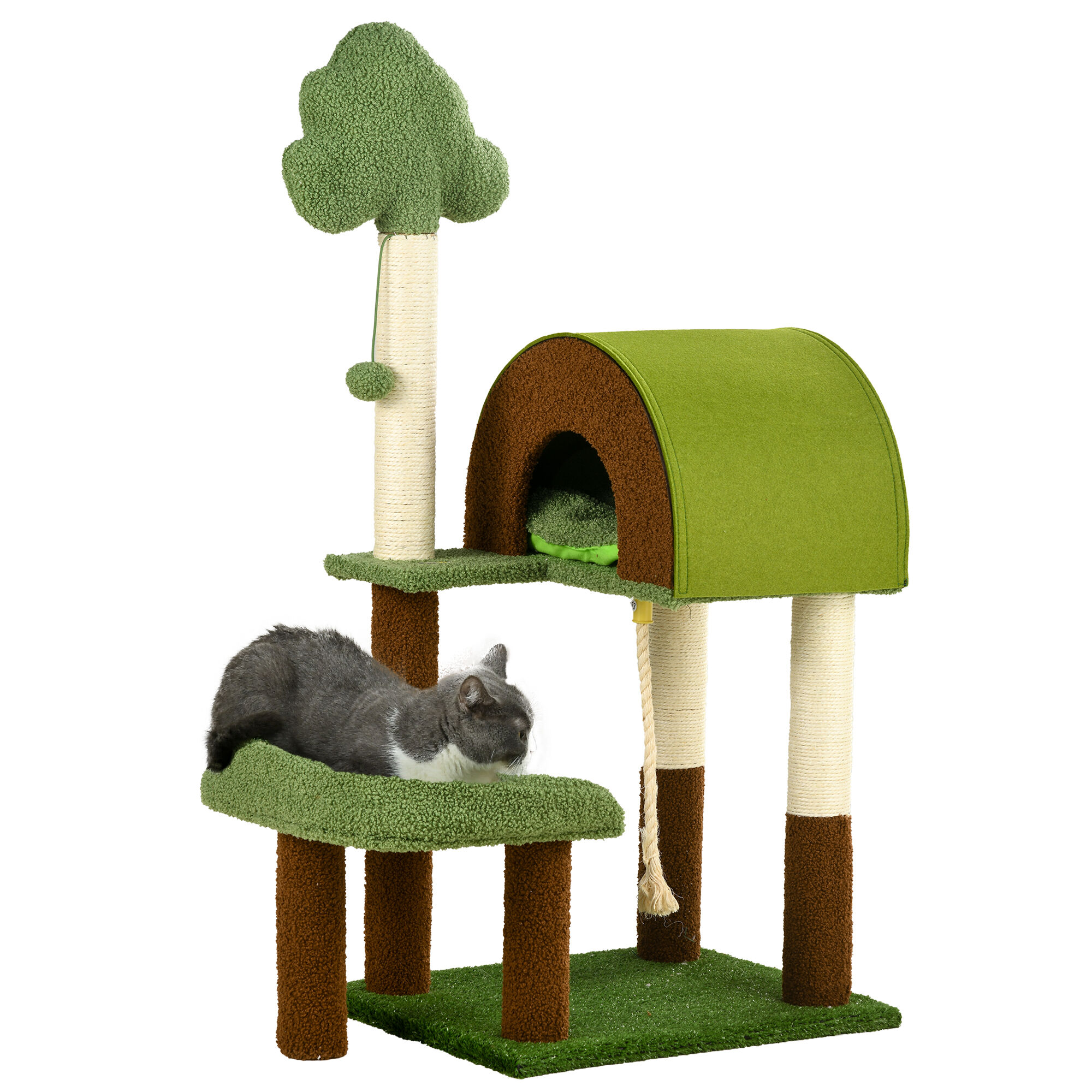 PawHut &Aacute;rbol Rascador para Gatos Mediano 107 cm Torre para Gatos Centro de Actividades para Gatitos con Nido Poste de Sisal C&eacute;sped Falso y Bola Colgante 49x40x107 cm Verde, , large Imagen numero 1