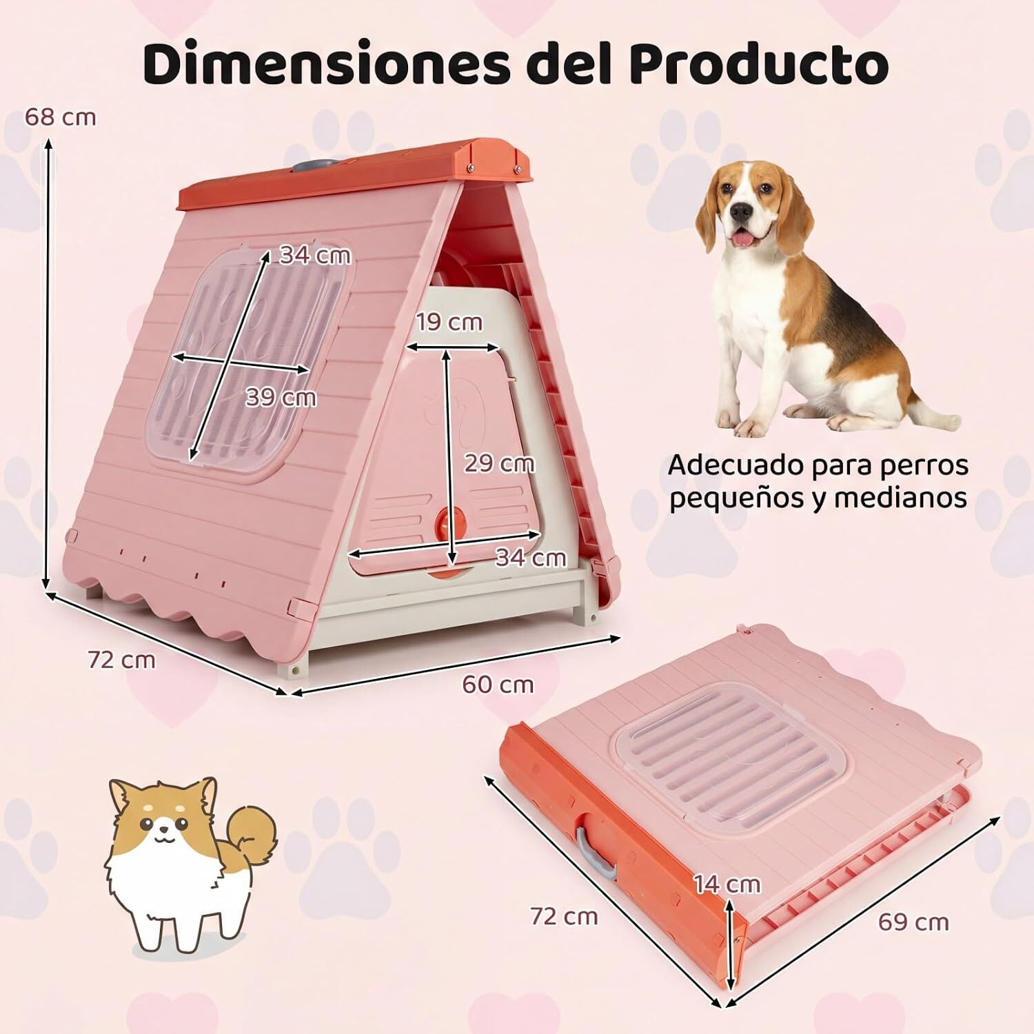 COSTWAY Caseta Perros para Exterior, Casa Plegable de Pl&aacute;stico para Perros con Puerta de Solapa Bloqueable, Ventanas, Base Elevada, Refugio Port&aacute;til Impermeable para Mascotas, 72 x 60 x 68 cm (Rosa), , large Imagen numero 5