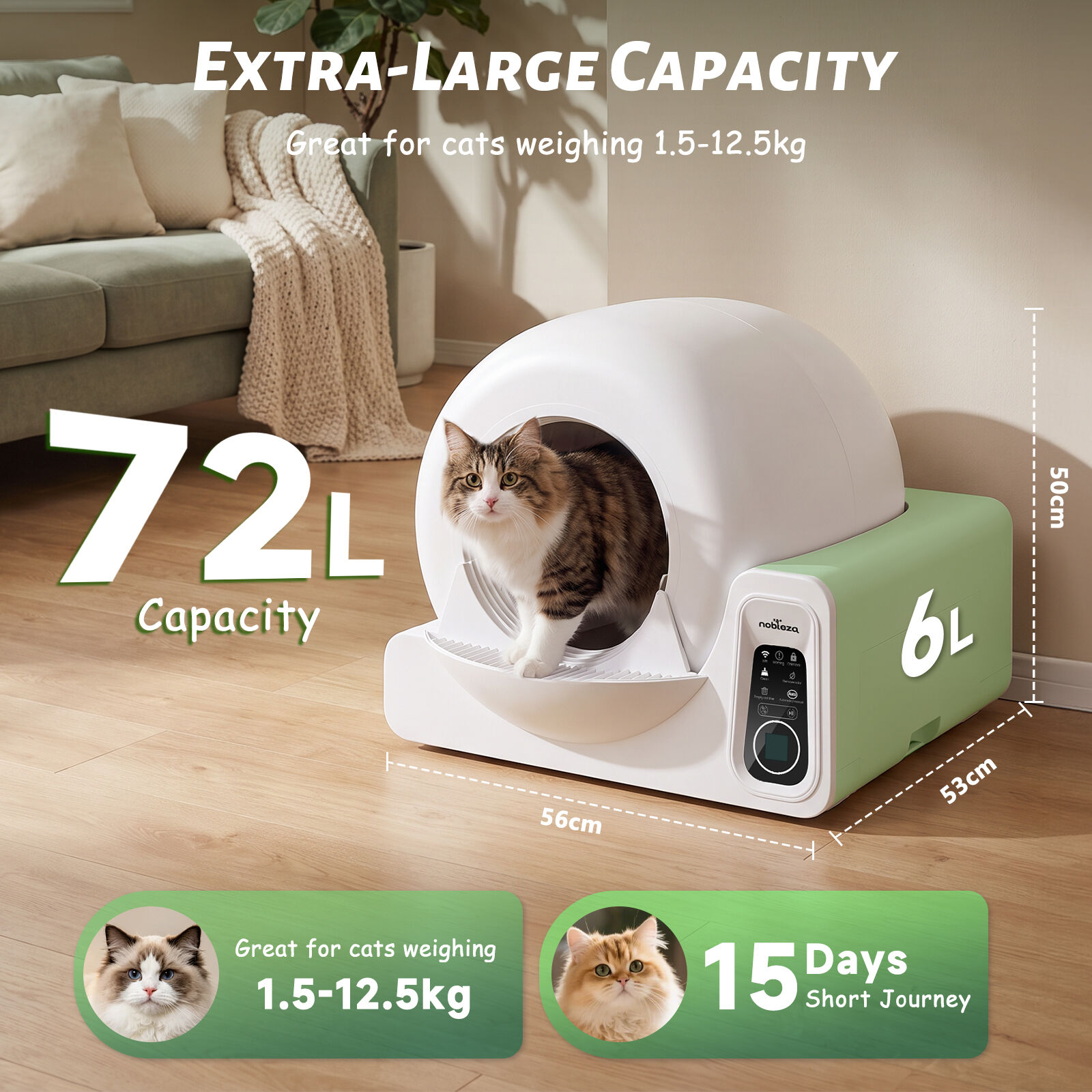 Nobleza - SL04 Arenero Autolimpiable para Gatos 72L, Caja de Arena Autom&aacute;tica con Control por App, Triple Desodorizaci&oacute;n y Sensor de Seguridad Antiatascos para M&uacute;ltiples Gatos, , large Imagen numero 2