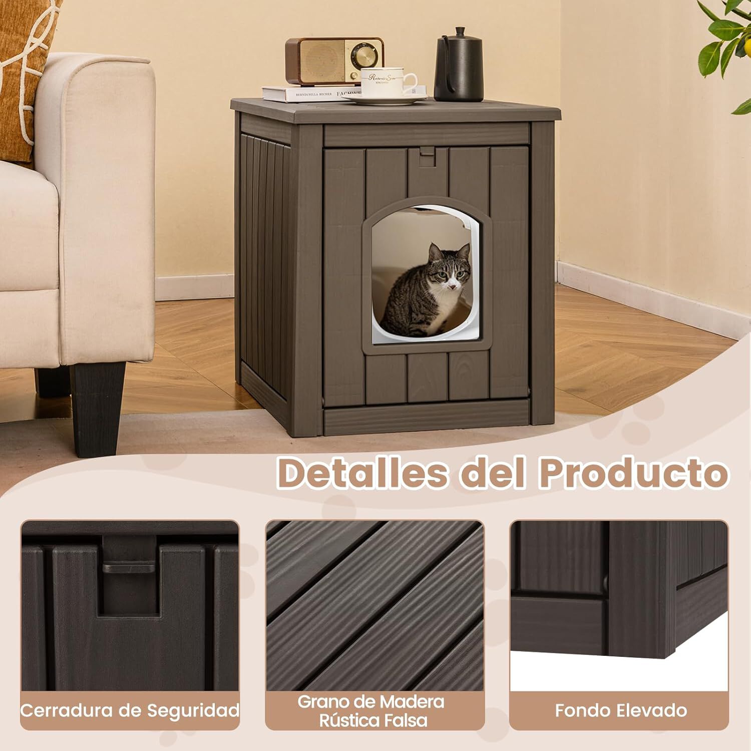 COSTWAY Mueble Arenero para Gatos Medianos, 60 x 47 x 54,5 cm, Cajas de Arena para Gatos con Puerta y Entrada, Refugio Impermeable para Cachorros, Mesa Auxiliar Gato para Sal&oacute;n, Entrada (Gris), , large Imagen numero 4
