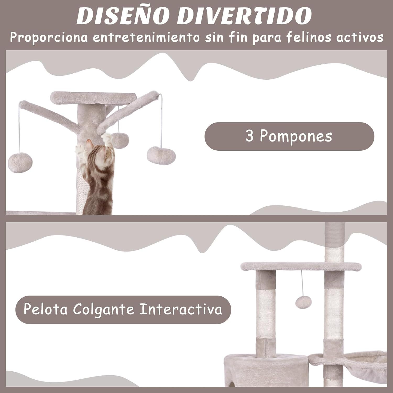 COSTWAY Árbol Rascado para Gatos de 140 cm de Altura, Torre Multinivel para Gatos con Postes de Sisal, Plataformas, Nido, Hamaca, Escalera y Bola, Centro de Actividades para Gatos de Interior, Beige thumbnail