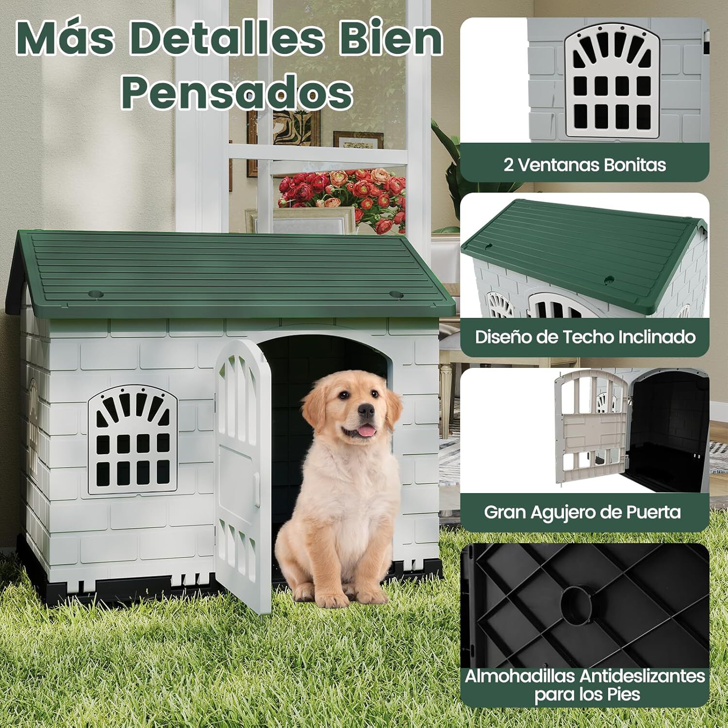 COSTWAY Caseta Perros de Pl&aacute;stico, Refugio para Mascotas con Puerta Bloqueable, 3 Ventanas, Techo Inclinado y Base con Orificios de Drenaje, Jaula Impermeable para Interior y Exterior (Verde), , large Imagen numero 4