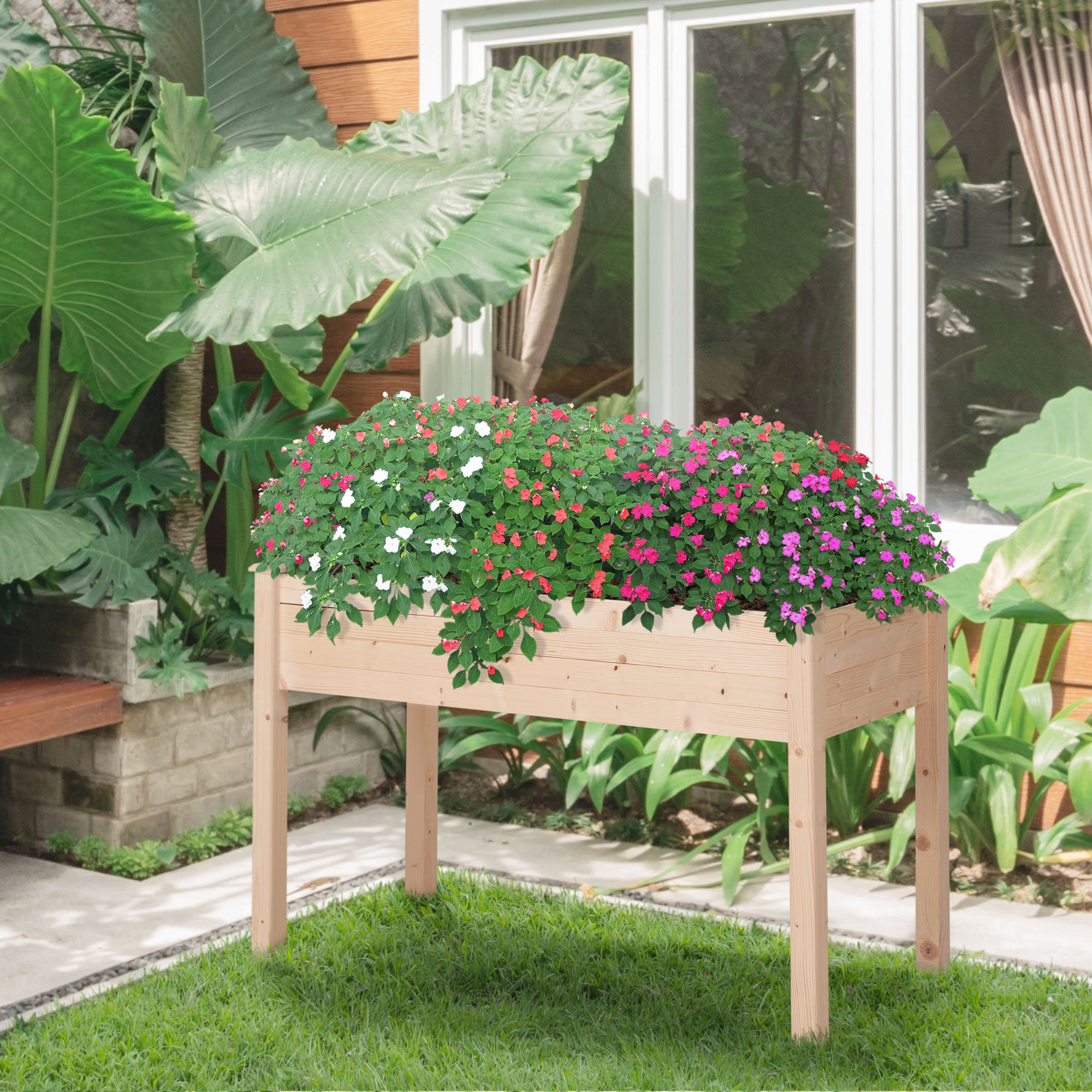 Outsunny Huerto Urbano Elevado de Madera 122,5x56,5x76 cm Jardinera Elevada Mesa de Cultivo con Tela no Tejida y 4 Orificios de Drenaje para Cultivos Plantas Flores Natural, , large Imagen numero 2