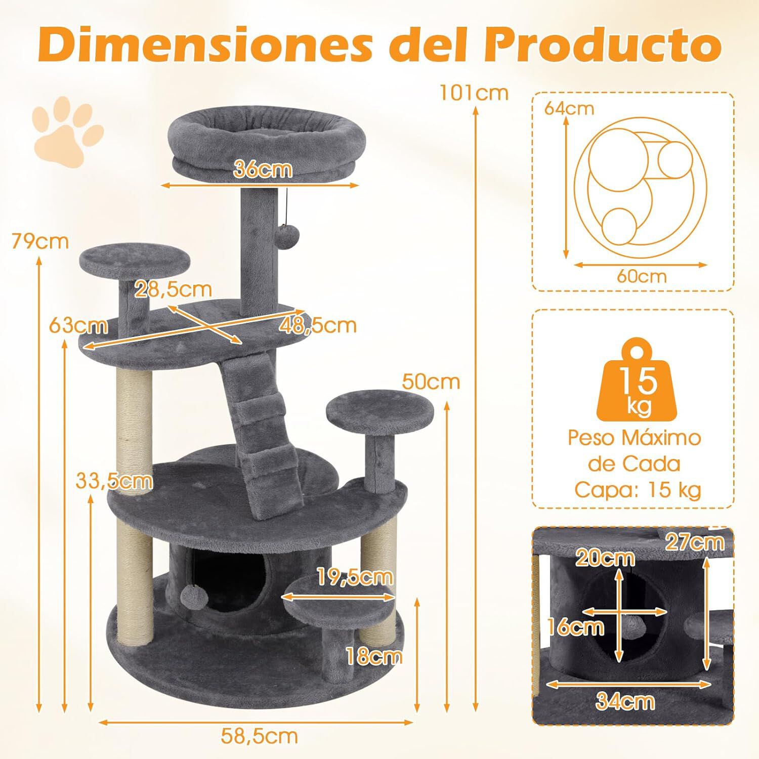 COSTWAY Árbol para Gatos, Torre para Gatos con Condominio y Percha Acolchada, Postes de Sisal para Rascar, Bola Colgante con Campana, Plataformas de Salto, Escalera, Base Ancha Estable (Gris) thumbnail