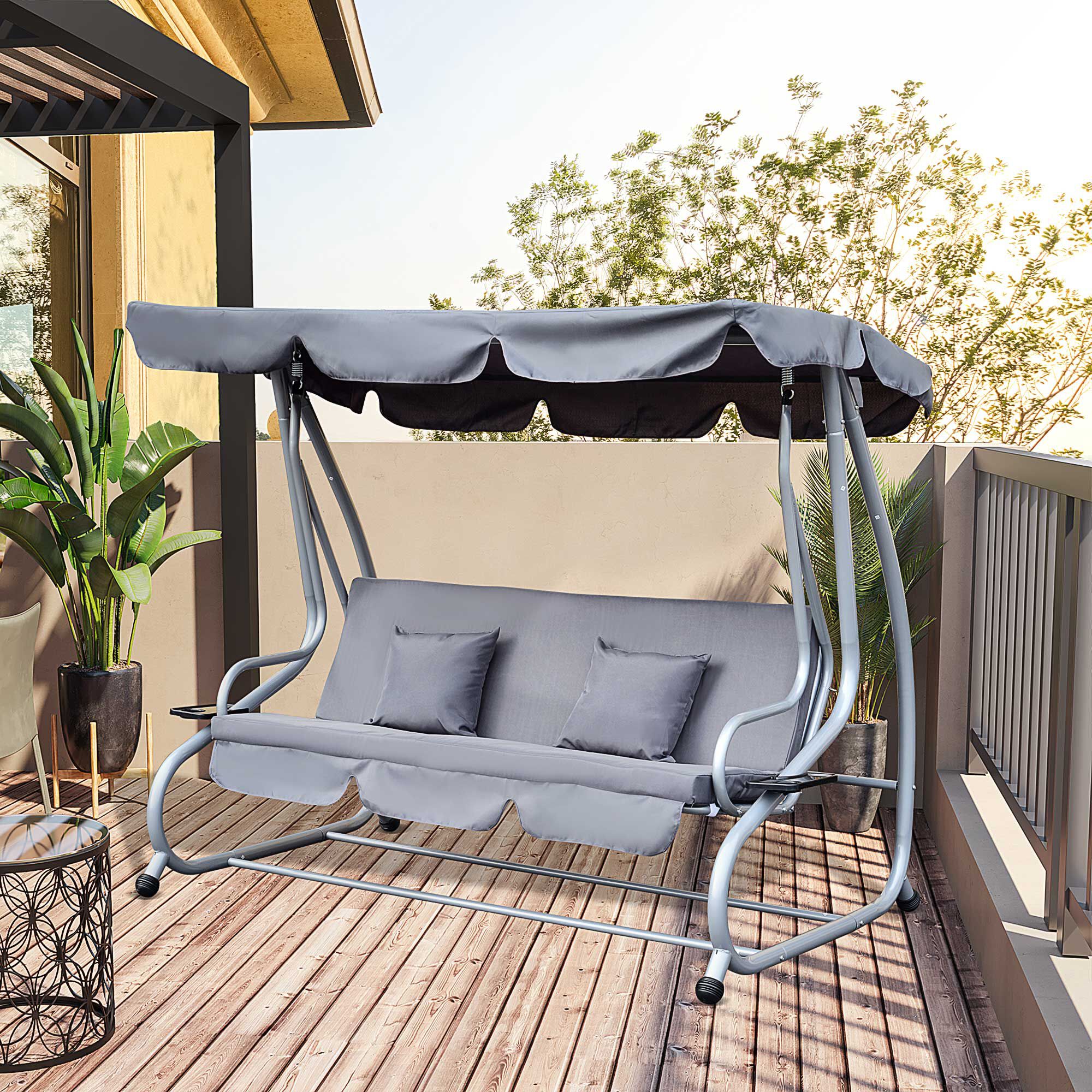 Outsunny Columpio Balanc&iacute;n Jard&iacute;n 3 Plazas Convertible en Cama Techo Parasol Regulable Bandeja para Bebida Terrza Balc&oacute;n Exterior Carga m&aacute;x. 340kg Acero 200x120x164cm Gris, , large Imagen numero 2
