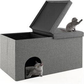 COSTWAY Banco con Arenero para Gatos, Banco De Almacenamiento con Estera de Arena a Prueba de Orina y Filtro de Carbón, Cajas de Arena Impermeable 90 x 50 x 50 cm (Gris)