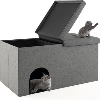 COSTWAY Banco con Arenero para Gatos, Banco De Almacenamiento con Estera de Arena a Prueba de Orina y Filtro de Carbón, Cajas de Arena Impermeable 90 x 50 x 50 cm (Gris)