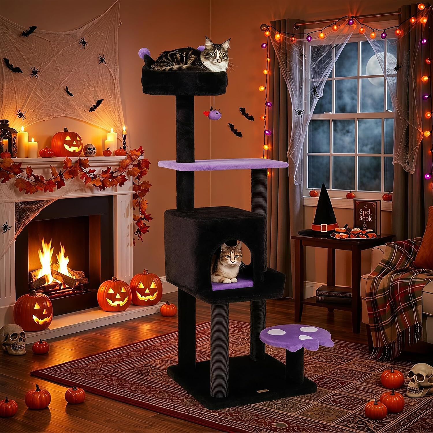 COSTWAY 144 cm &Aacute;rbol Rascador para Gatos G&oacute;tico de Interior, Morado Torre para Gatos Multinivel con Postes Rascadores, Plataformas, Casita y Juguete Colgante, Centro de Actividad para Mascotas, , large Imagen numero 2