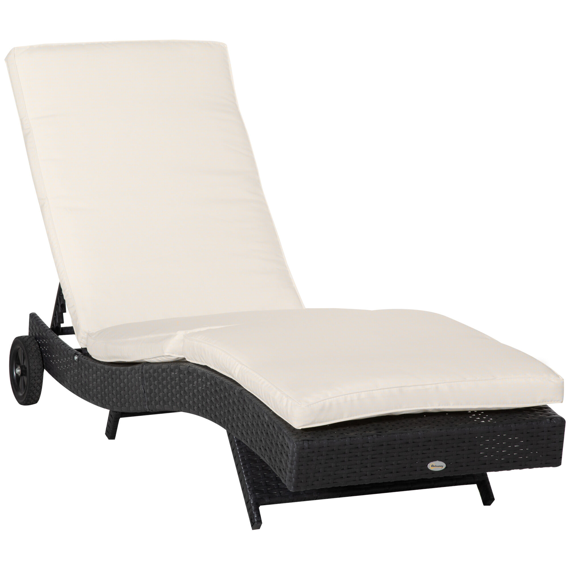 Outsunny Tumbona de Rat&aacute;n Reclinable Tumbona de Jard&iacute;n en Forma de S con 2 Ruedas Respaldo Ajustable en 5 Posiciones y Coj&iacute;n Extra&iacute;ble para Patio Terraza 207x70x70 cm Negro y Crema, , large Imagen numero 1