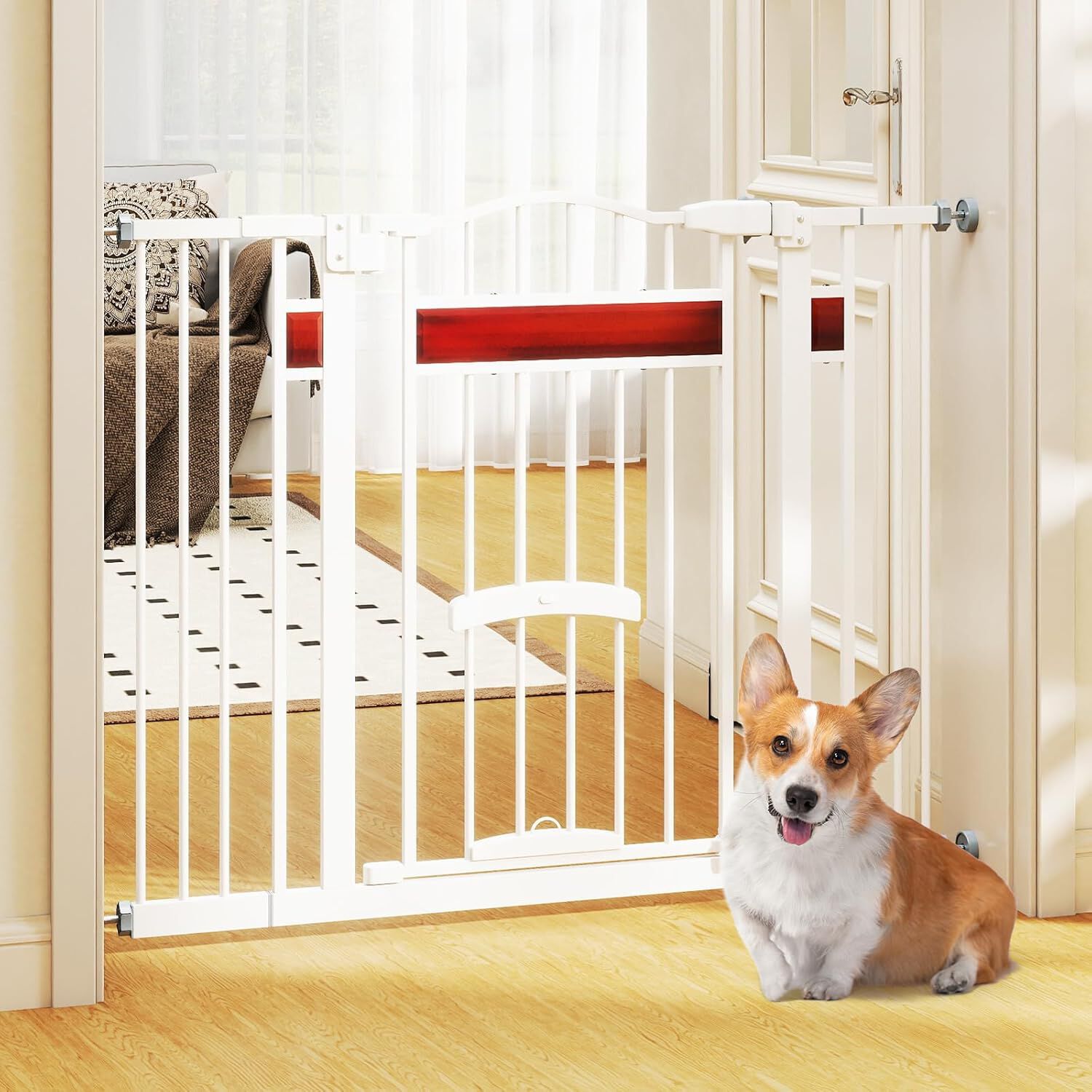 COSTWAY Barrera de Seguridad Extensible para Puertas 74-104 cm, para Puertas y Escaleras, Montaje a Presi&oacute;n sin Taladrar ni Herrajes, Cerraduras Dobles, Puerta de Perro Expandible de Metal (Blanco), , large Imagen numero 2