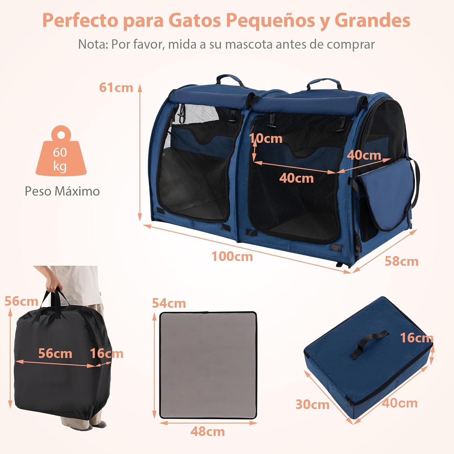 COSTWAY Transport&iacute;n de Doble Compartimento Perro Gato, Bolsa de Transporte Port&aacute;til 3 en 1 con 2 Hamacas Desmontables, Jaula Suave para Mascotas con Bolsa de Transporte 100 x 58 x 61cm (Azul), , large Imagen numero 5