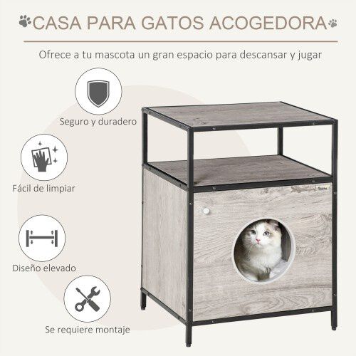 PawHut casa de madera y mesa auxiliar para gatos, , large Imagen numero 4