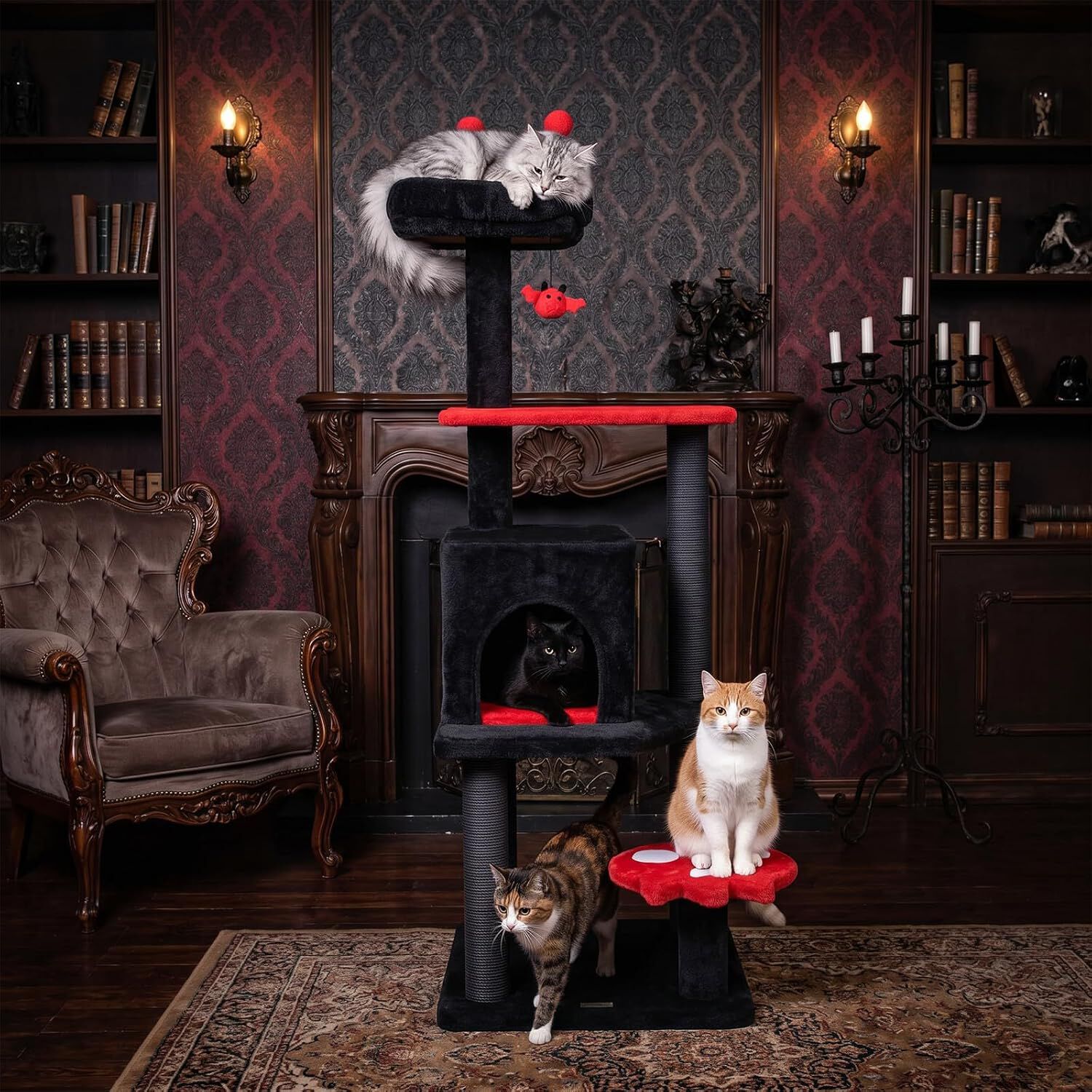 COSTWAY 144 cm &Aacute;rbol Rascador para Gatos G&oacute;tico de Interior, Rojo Torre para Gatos Multinivel con Postes Rascadores, Plataformas, Casita y Juguete Colgante, Centro de Actividad para Mascotas, , large Imagen numero 2