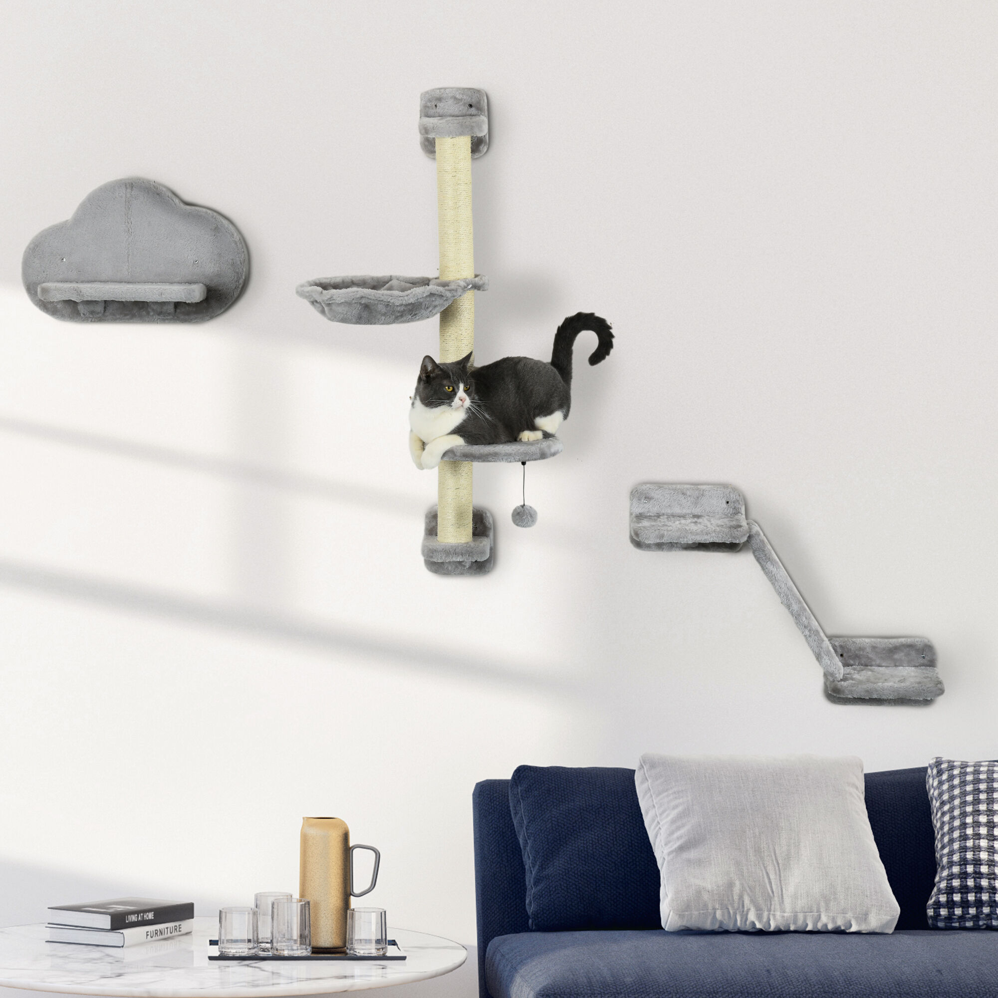 PawHut Juego de Pared de Escalada para Gatos de 3 Piezas, Estanter&iacute;as de Pared para Gatos con Hamaca, Rampa con Rascador, Plataforma en Forma de Nube para Saltar, Gris, , large Imagen numero 2