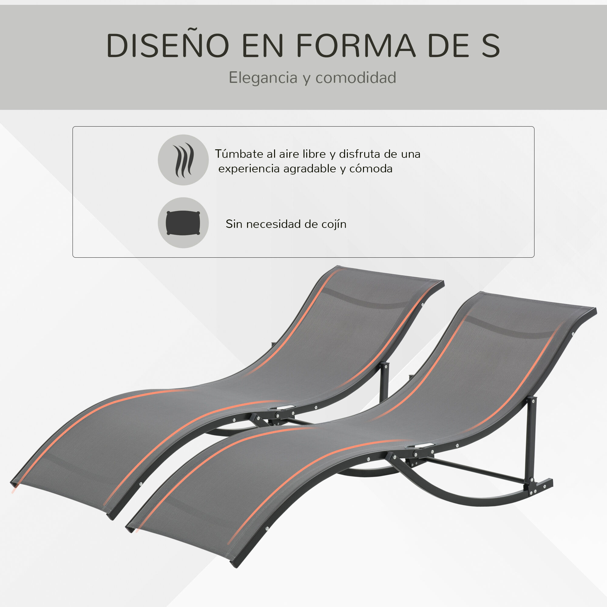 Outsunny Juego de 2 Tumbonas Plegables Tumbonas de Jard&iacute;n con Marco de Aluminio en Forma de S Carga de 120 kg para Piscina Patio Terraza 165x61x63 cm Gris Oscuro, , large Imagen numero 5