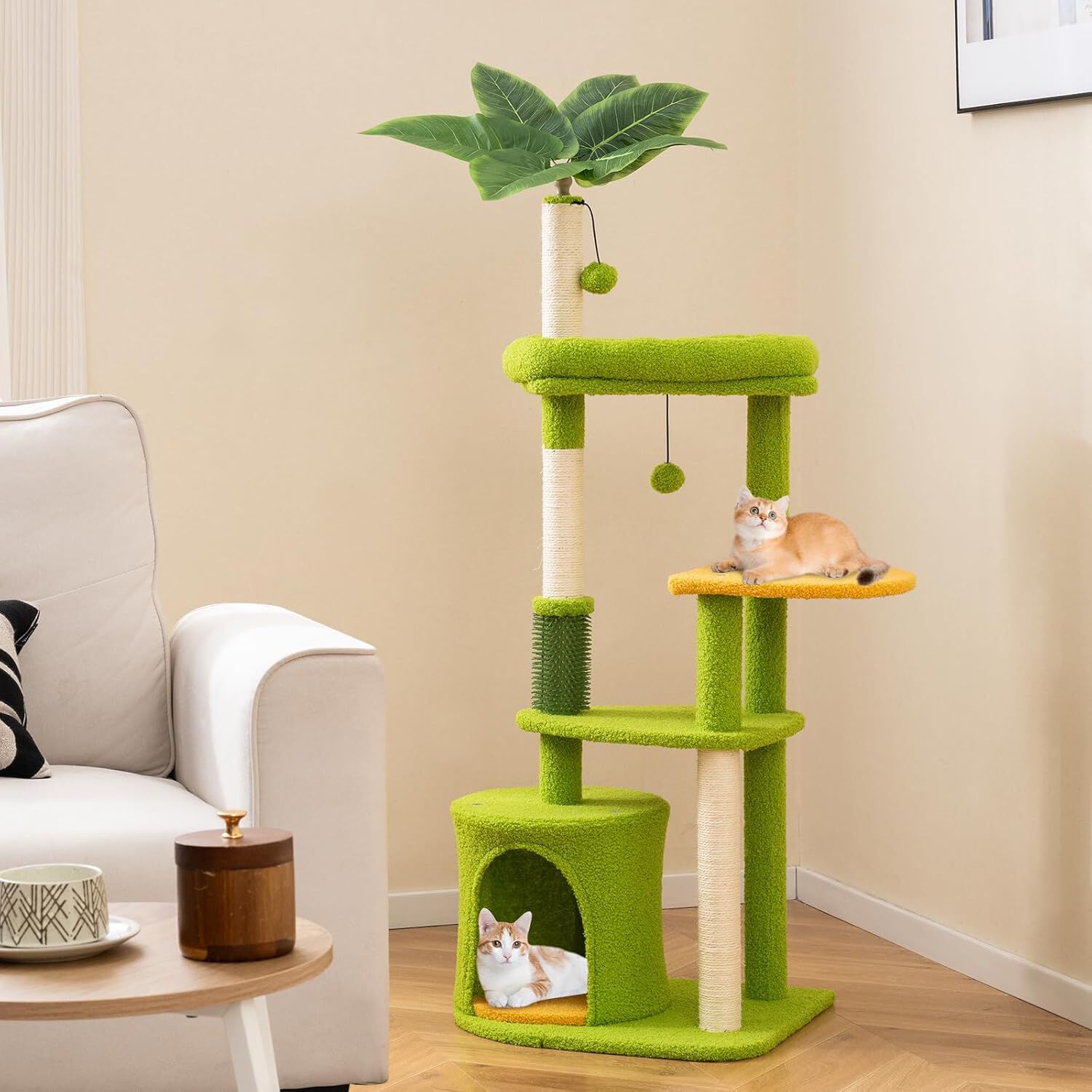 COSTWAY Rascador para Gatos Adultos, &Aacute;rbol Rascador para Gatos, Altura 122 cm, Torre Escalador con Varias Plataformas, Postes de Sisal, Nido, Tela de Felpa, Versi&oacute;n de Bosque, Verde y Naranja, , large Imagen numero 2