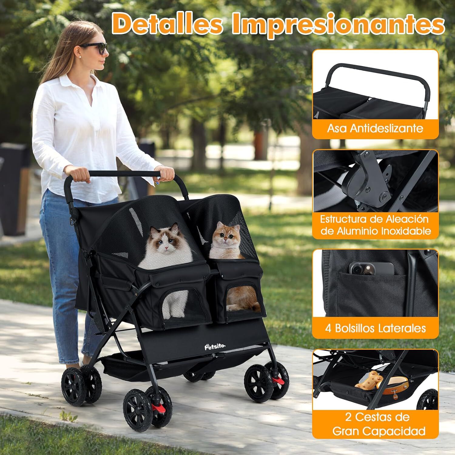 COSTWAY Carrito para Perros Doble, Cochecito Plegable para Perros con 2 Portabeb&eacute;s, Sombrilla Ajustable, Almohadilla Extra&iacute;ble, Cintur&oacute;n de Seguridad, Cesta, Carro Mascotas, Carga 12 kg uno (Negro), , large Imagen numero 4