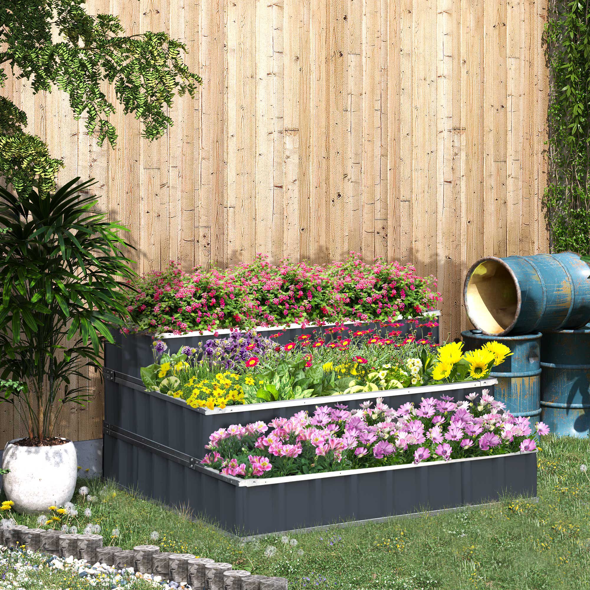 Outsunny Huerto Urbano de 3 Niveles de Jard&iacute;n Acero 118x118x62 cm Arriate de Escalera para Cultivos Plantas Flores para Terraza Exterior Gris, , large Imagen numero 2