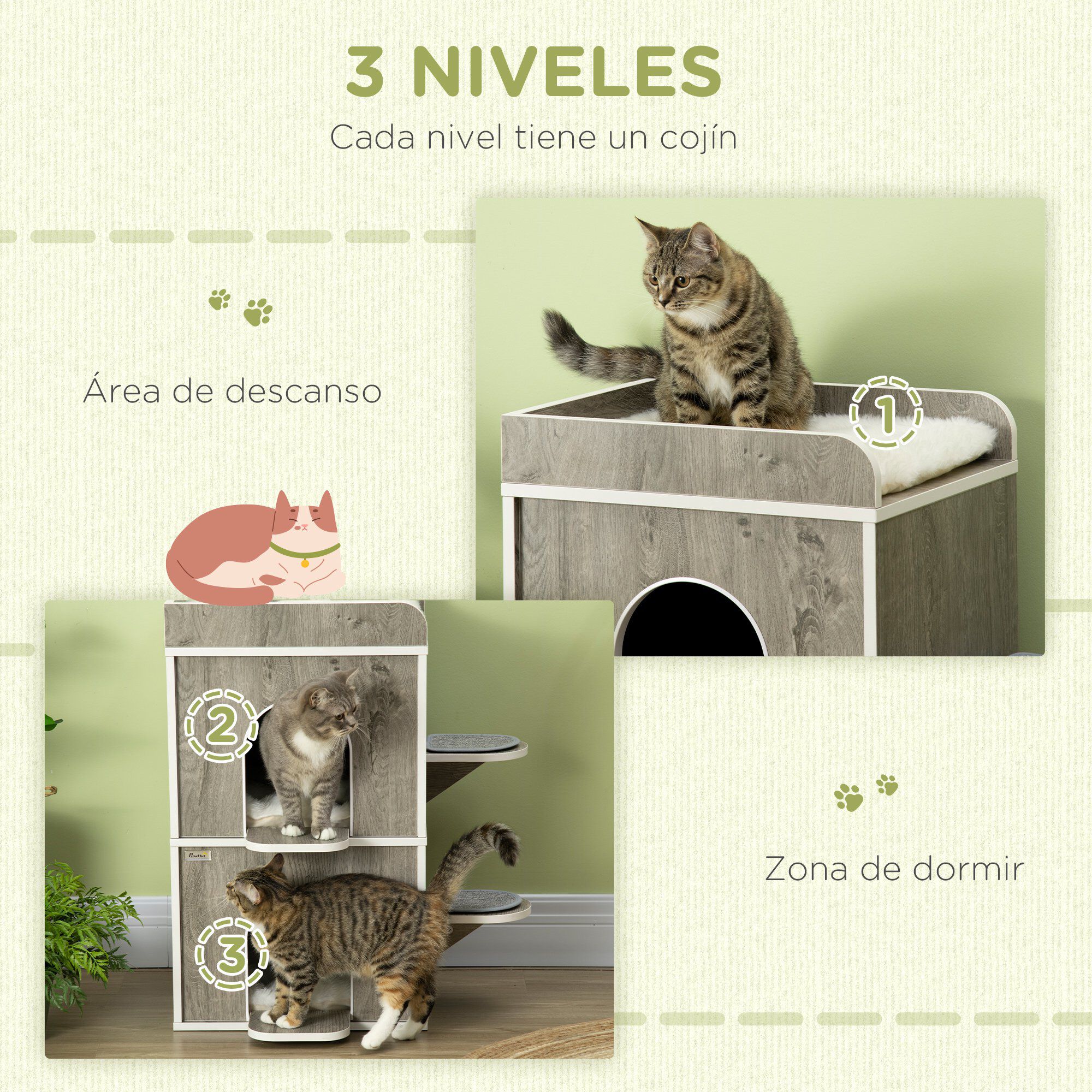Pawhut Caseta para Gatos de Madera Casa para Gatos Forma de Barril con 3 Cojines 2 Orificios Frontales y 2 Plataformas Laterales 68x53x80,5 cm Gris, , large Imagen numero 5