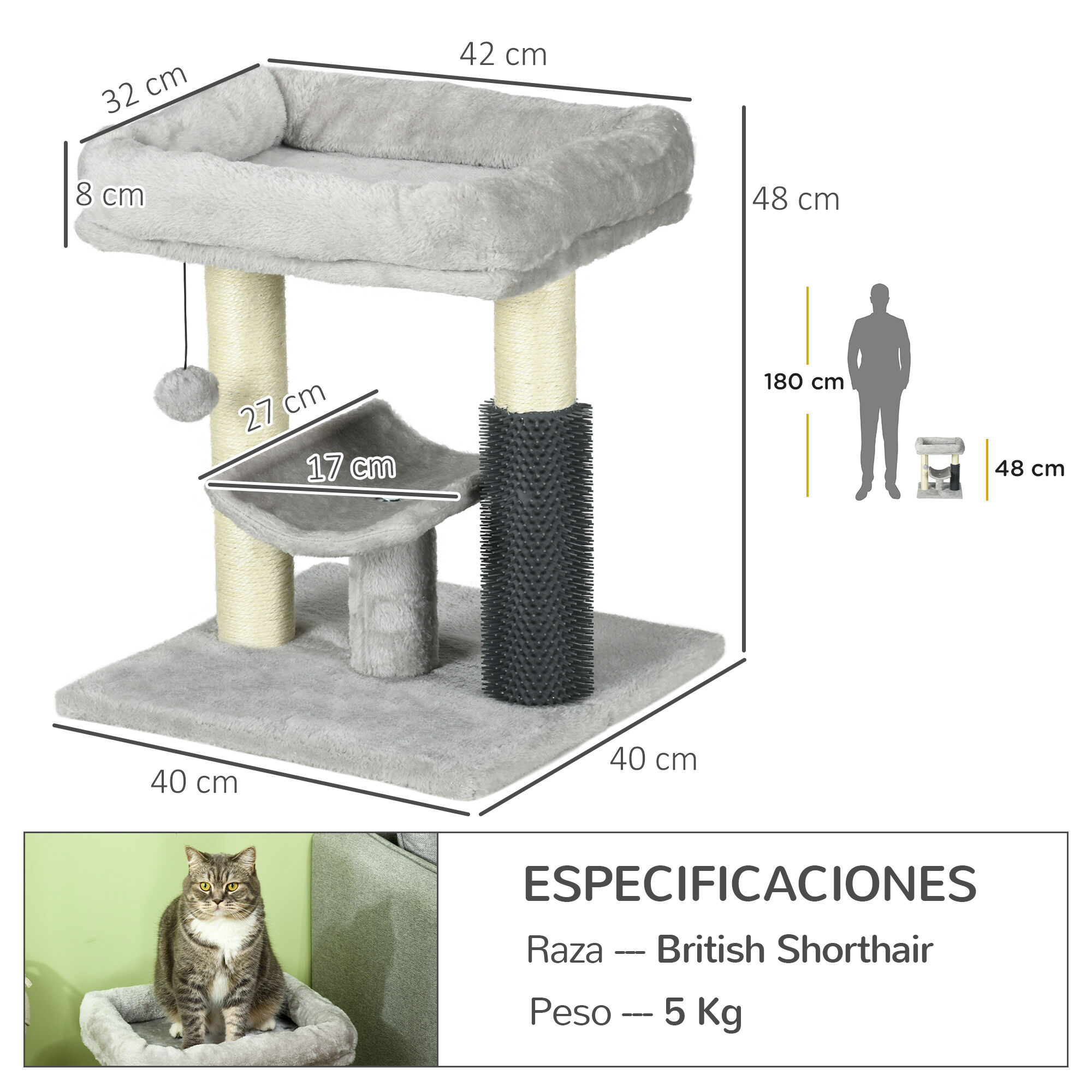 PawHut &Aacute;rbol para Gatos Gris, , large Imagen numero 3