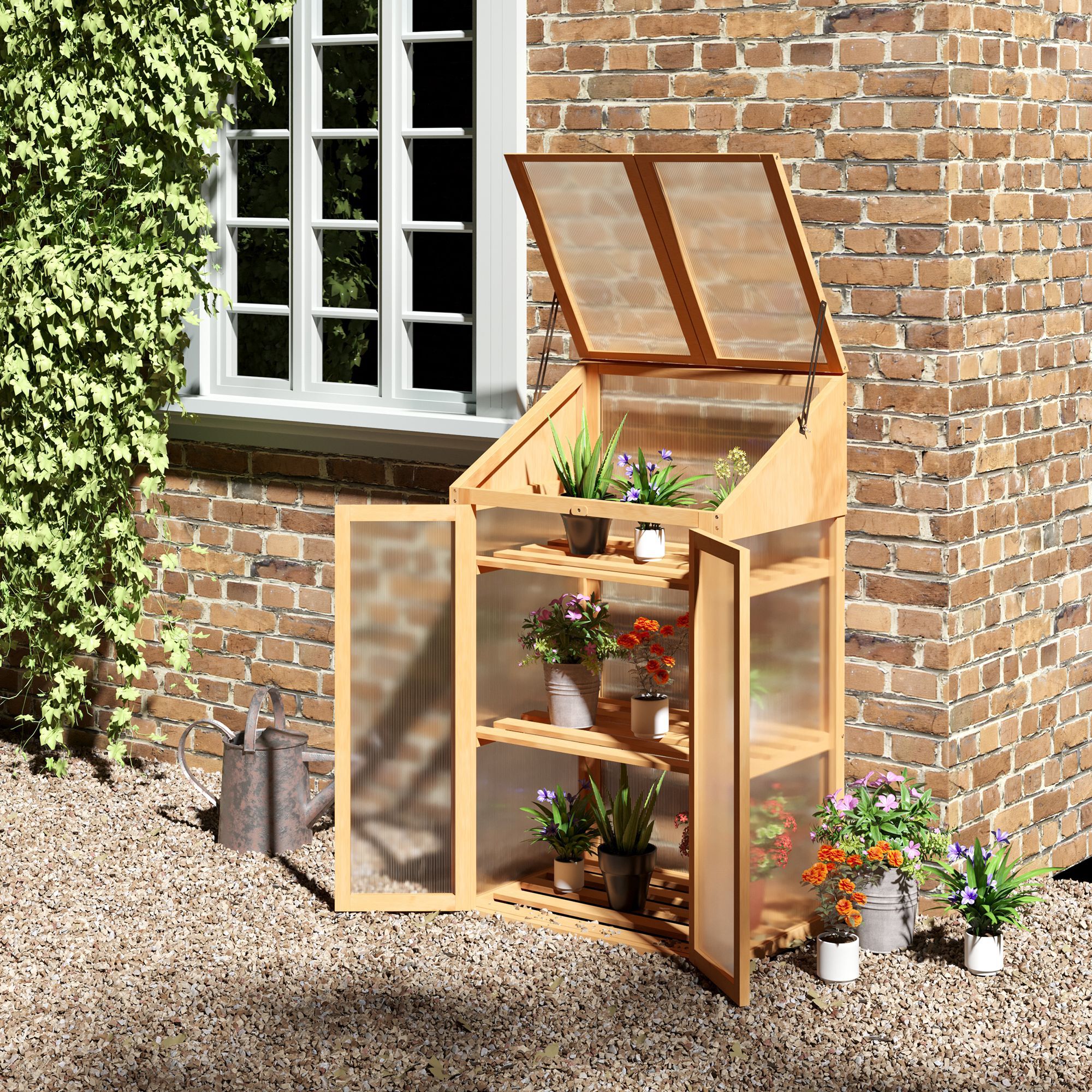 Outsunny Invernadero de Madera con Paneles de Policarbonato Invernadero de Jard&iacute;n Vivero Casero con Tapa Abatible 2 Puertas y 3 Estantes para Cultivo Plantas Flores Terraza Patio 70x50x120 cm Natural, , large Imagen numero 2