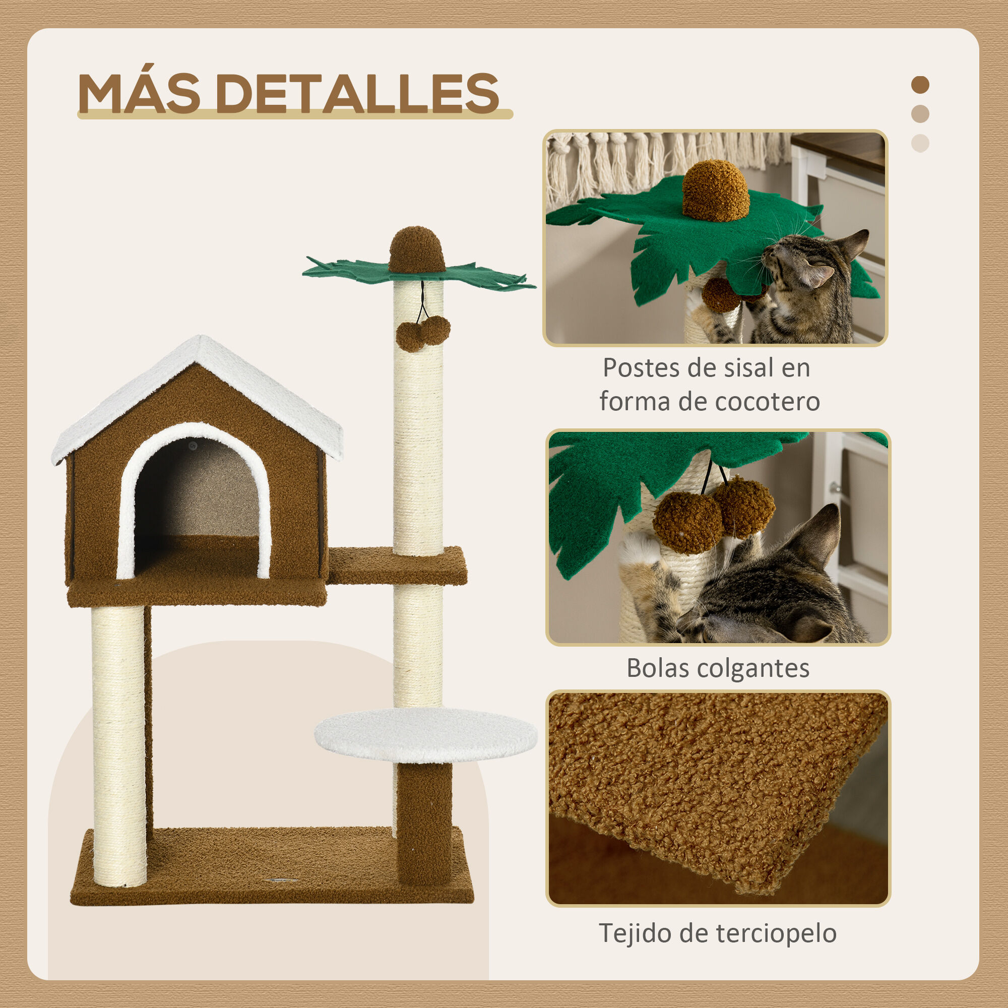 PawHut &Aacute;rbol Rascador para Gatos Altura 89 cm Torre para Gatos con Caseta de Felpa Plataforma Poste en Forma de Coco de Sisal y Bolas Colgantes 55x40x89 cm Marr&oacute;n, , large Imagen numero 5
