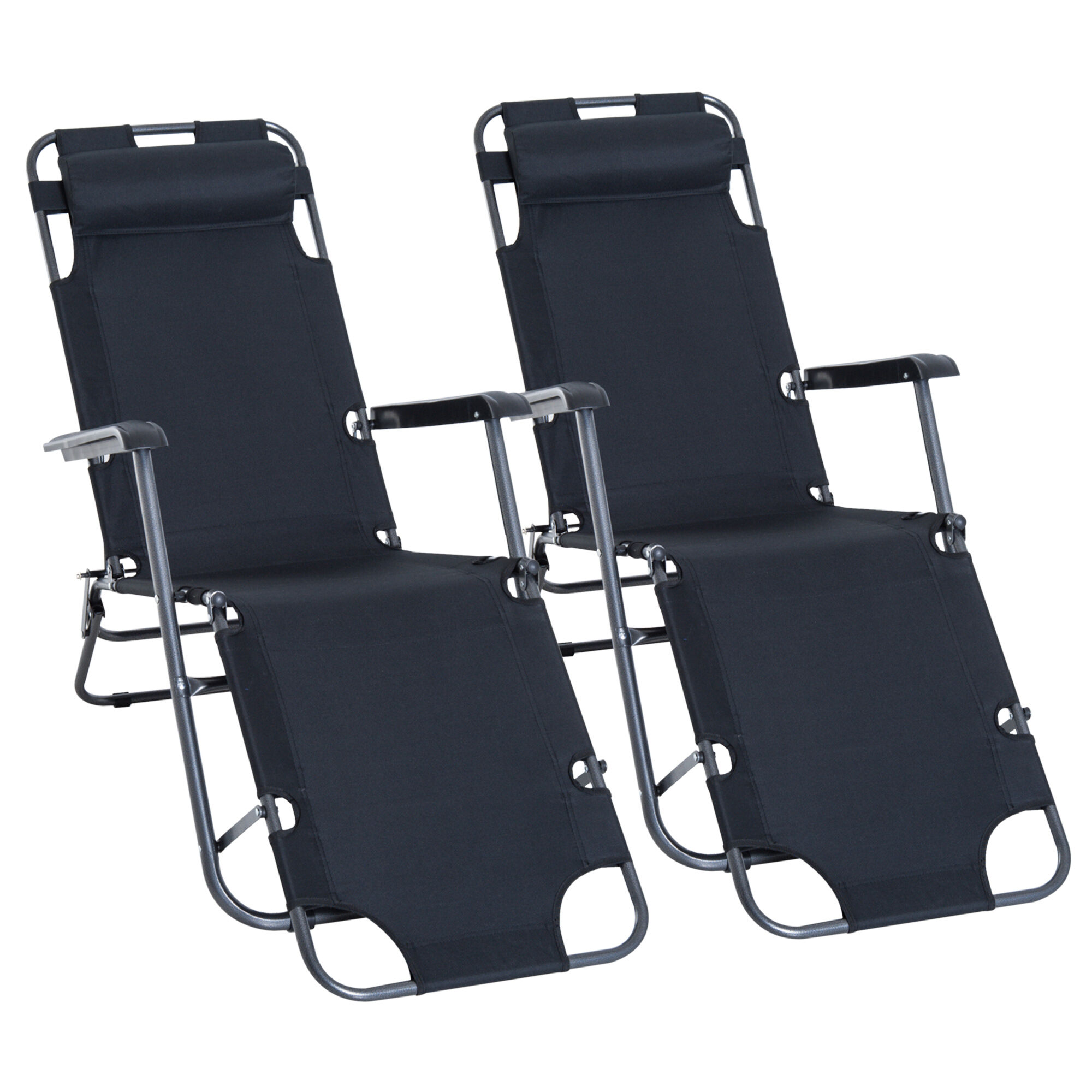 Outsunny 2 Tumbonas Reclinables y Plegables Tumbonas de Jard&iacute;n con Respaldo Ajustable Reposabrazos Almohada y Reposapi&eacute;s Carga 136 kg para Exterior Terraza 135x60x89 cm Negro, , large Imagen numero 1