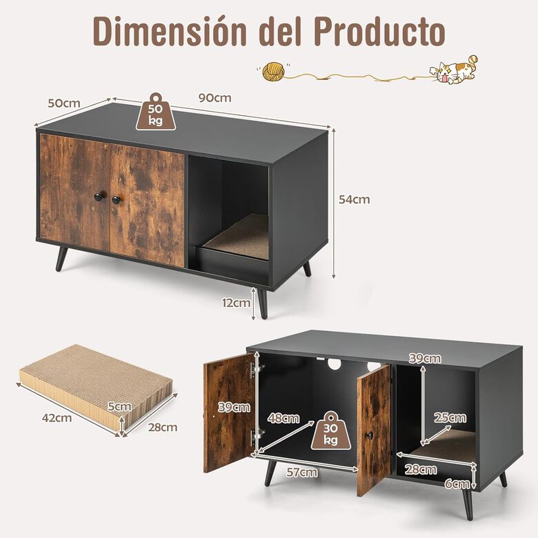 COSTWAY Casa de Baño Oculto con Estante Abierto y Rascador para gatos thumbnail