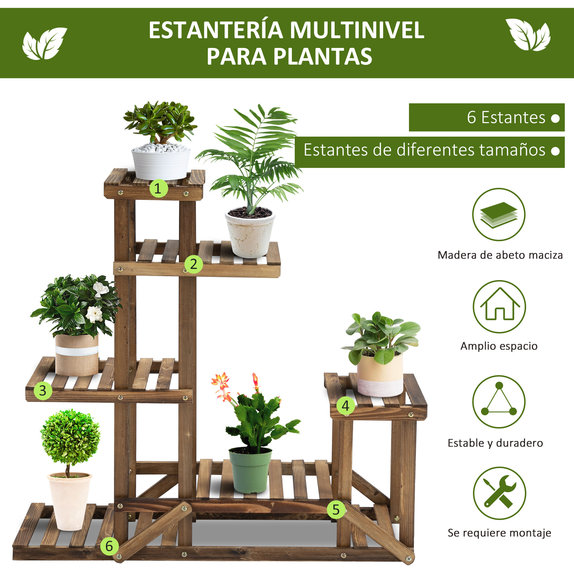 Outsunny Soporte de Madera para Flores Estanter&iacute;a Decorativa para Macetas Plantas con 6 Estantes Interior y Exterior para Jard&iacute;n Balc&oacute;n Terraza 95x28x96,5 cm Carbonizado, , large Imagen numero 4