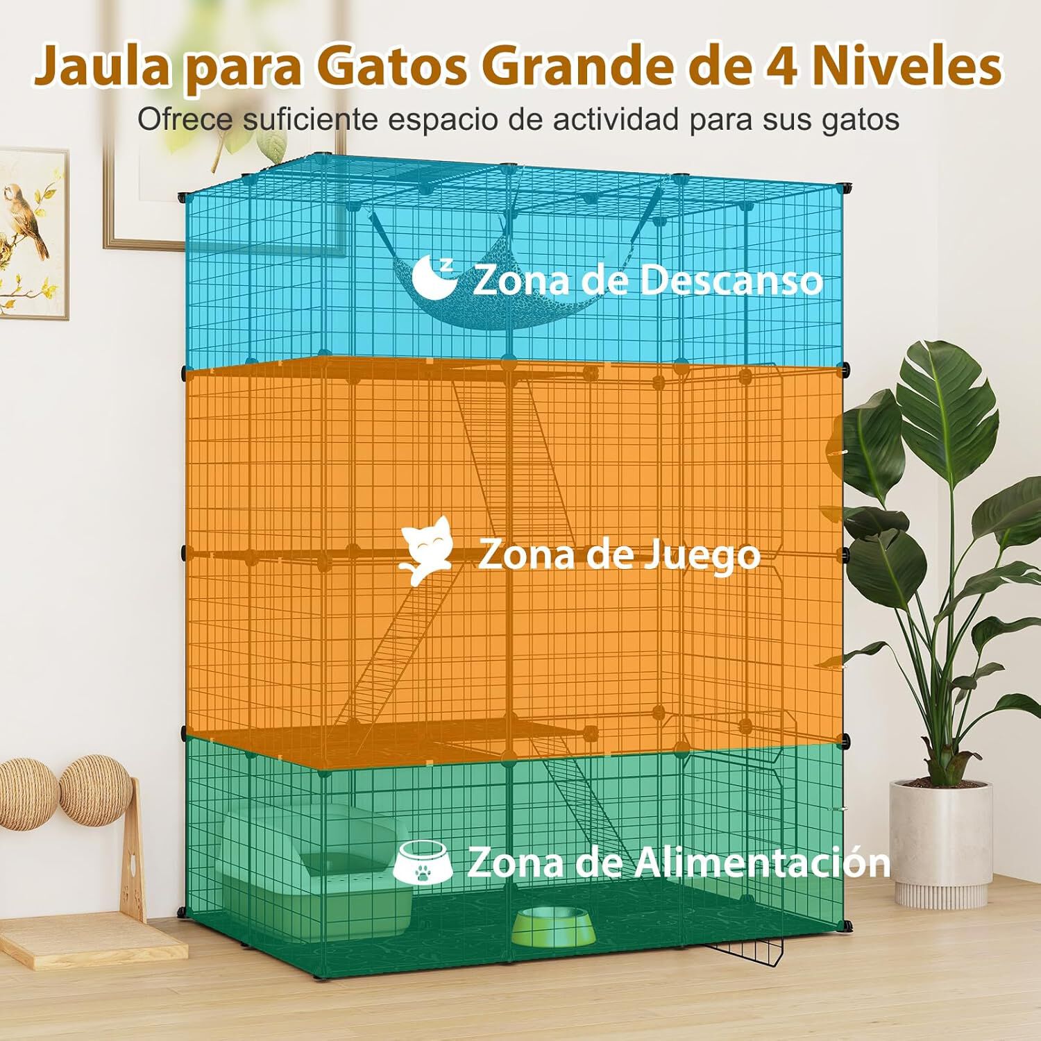 COSTWAY Jaula para Gatos de 4 Niveles, Recintos Grande para Gatos con una Hamaca, 3 Escaleras, 4 Puertas y 1 Ventana en el Techo, Jaula Met&aacute;lica para Gatos de Interior (109,5 x 74,5 x 143 cm), , large Imagen numero 3