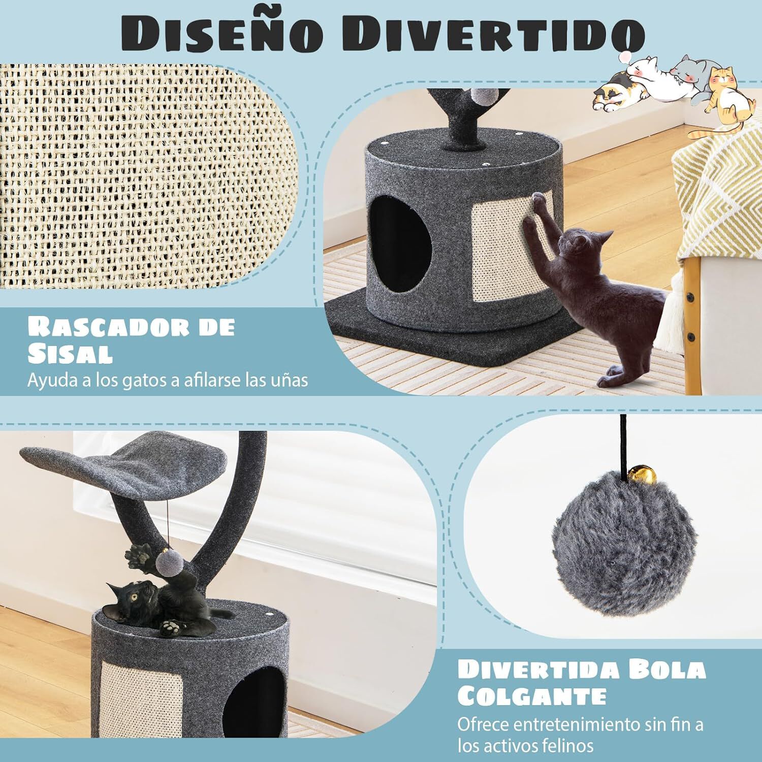 COSTWAY &Aacute;rbol para Gatos Altura 88 cm, Torre para Gatos con Marco de Soporte de Metal, Tabla Rascador de Sisal, 2 Plataformas, Condominio, Centro de Actividades de 3 Niveles para Gatos, , large Imagen numero 4