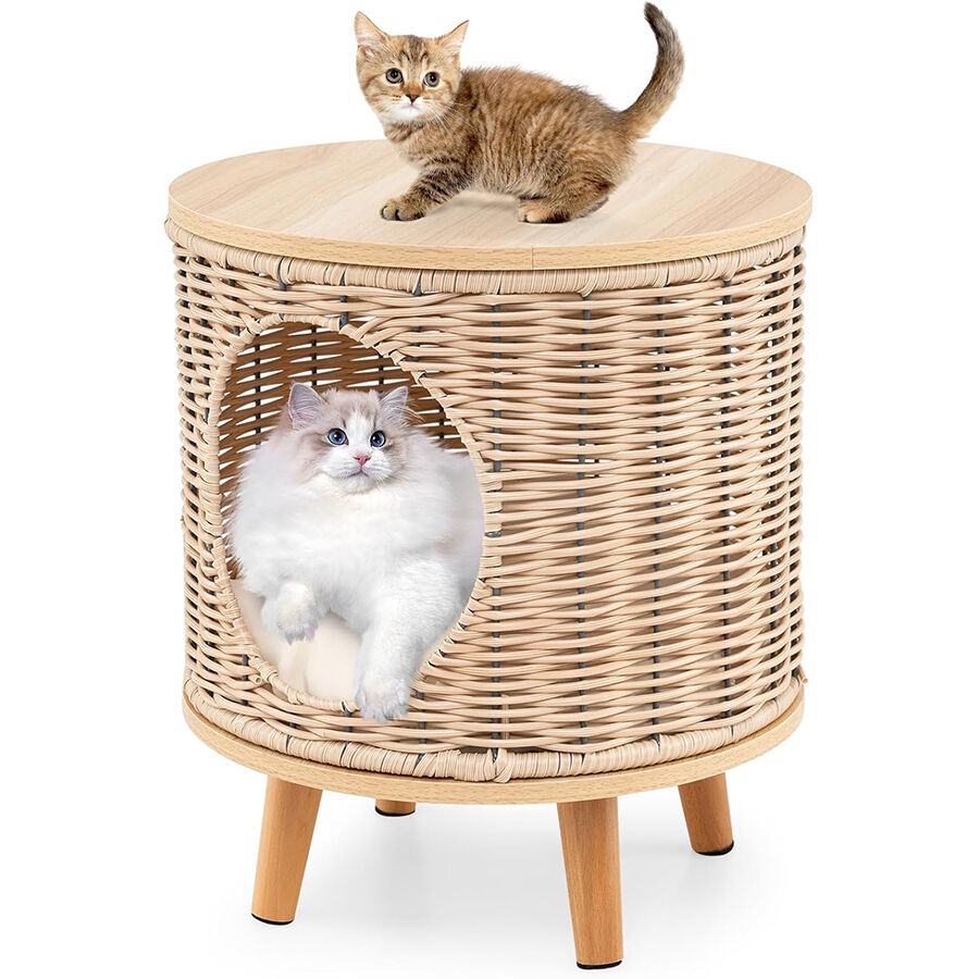 COSTWAY Casa para Gatos con Cojín Desmontable, Ratán Transpirable, Patas de Madera de Caucho Antideslizantes, Multifuncional como Recinto para Caja de Arena y Reposapiés, Ideal para Interior