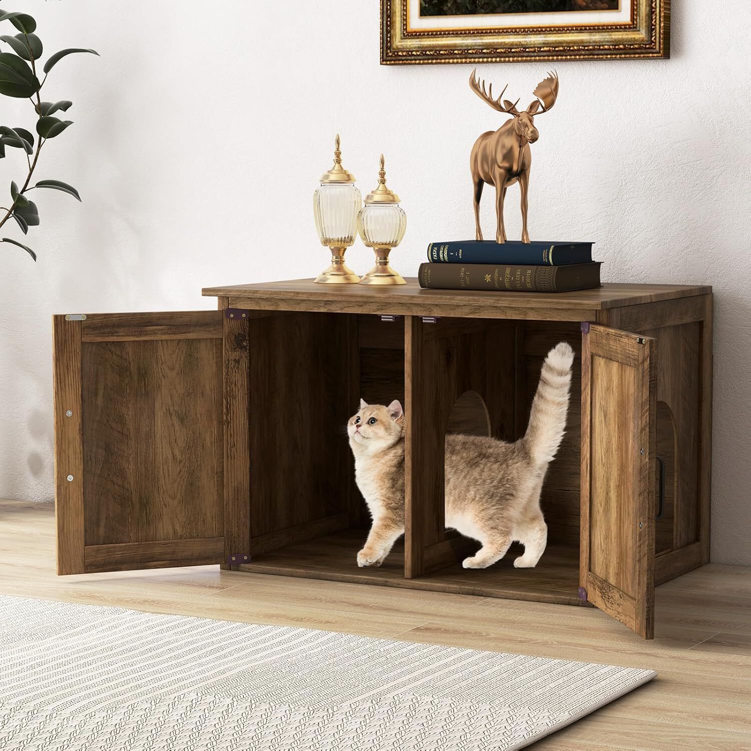 COSTWAY Mueble Arenero para Gatos, Ba&ntilde;o para Gatos con Puertas de Granero Dobles, Tapa Abatible, 80 x 54 x 53,5 cm, Casa para Gato para Interiores, Divisor Removible, Entrada Lateral, Roble, , large Imagen numero 2