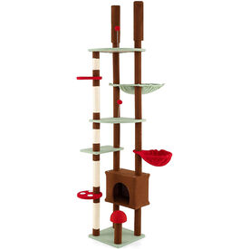 COSTWAY &Aacute;rbol Rascador para Gatos de Suelo a Techo, Torre Rascador Alta para Gatos, Ajustable de 207-277 cm, con Condo y Hamaca, Cesta Colgante, Postes para Rascar de Sisal, 2 Pelotas con Resorte