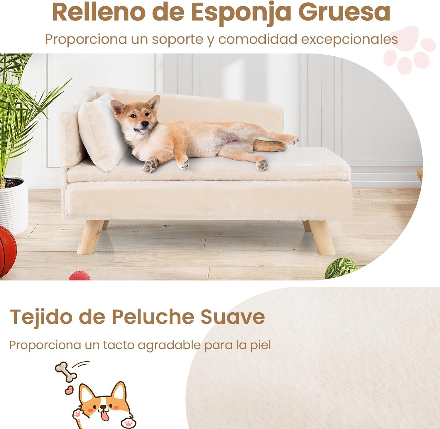 COSTWAY Cama para Gatos, mullida y Suave, sof&aacute; para Gatos medianos y peque&ntilde;os, Linda Cama para Gato con Base Antideslizante, Pies de Madera, Sof&aacute; Sill&oacute;n para Interior (Blanco,81 x 51 x 47 cm), , large Imagen numero 2