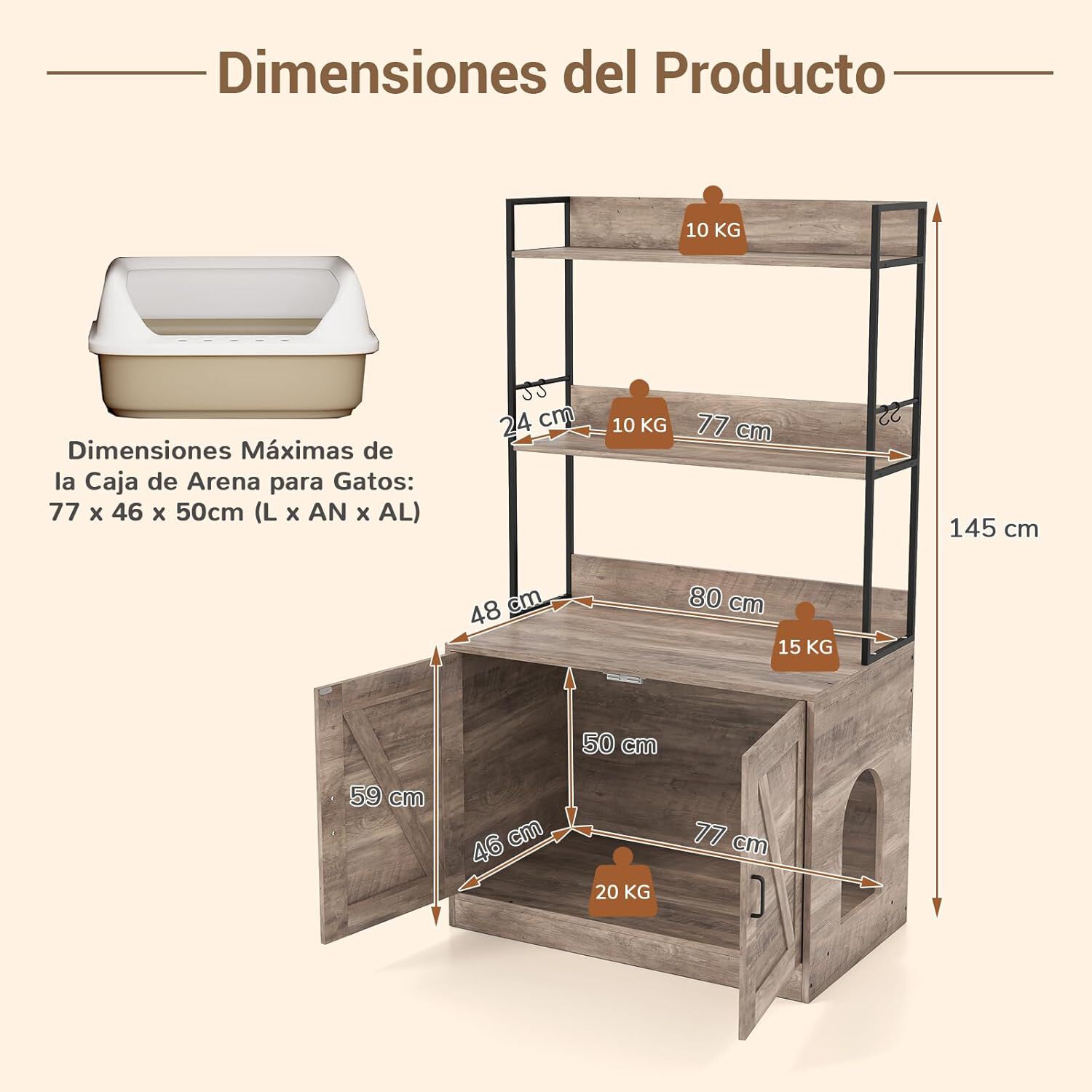 COSTWAY Mueble Arenero para Gatos, Caja de Arena Grande para Tirar Muebles Oculto para Ba&ntilde;o con Estantes de 3 Niveles, 4 Ganchos, Armario con 2 Puertas, Entrada Lateral, 80x48x145 cm (Gris + Negro), , large Imagen numero 5