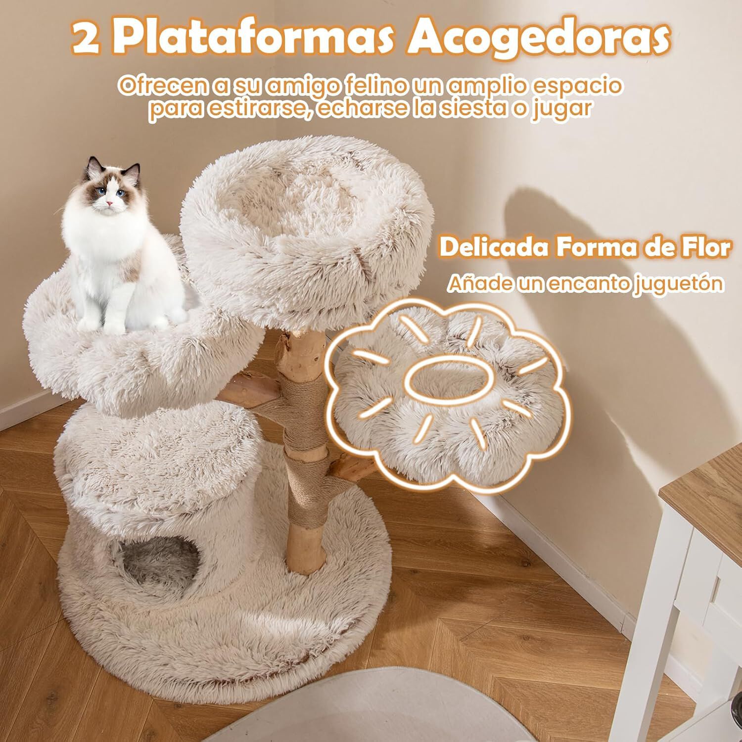 COSTWAY &Aacute;rbol para Gatos Moderno de Madera Maciza, 102 cm Torre Gatos Rascador Acolchado con Felpa Extra Suave, Rascador para Gatito, 3 Plataformas, Poste de Yute, Nido, Bola Colgante, Blanco, , large Imagen numero 5