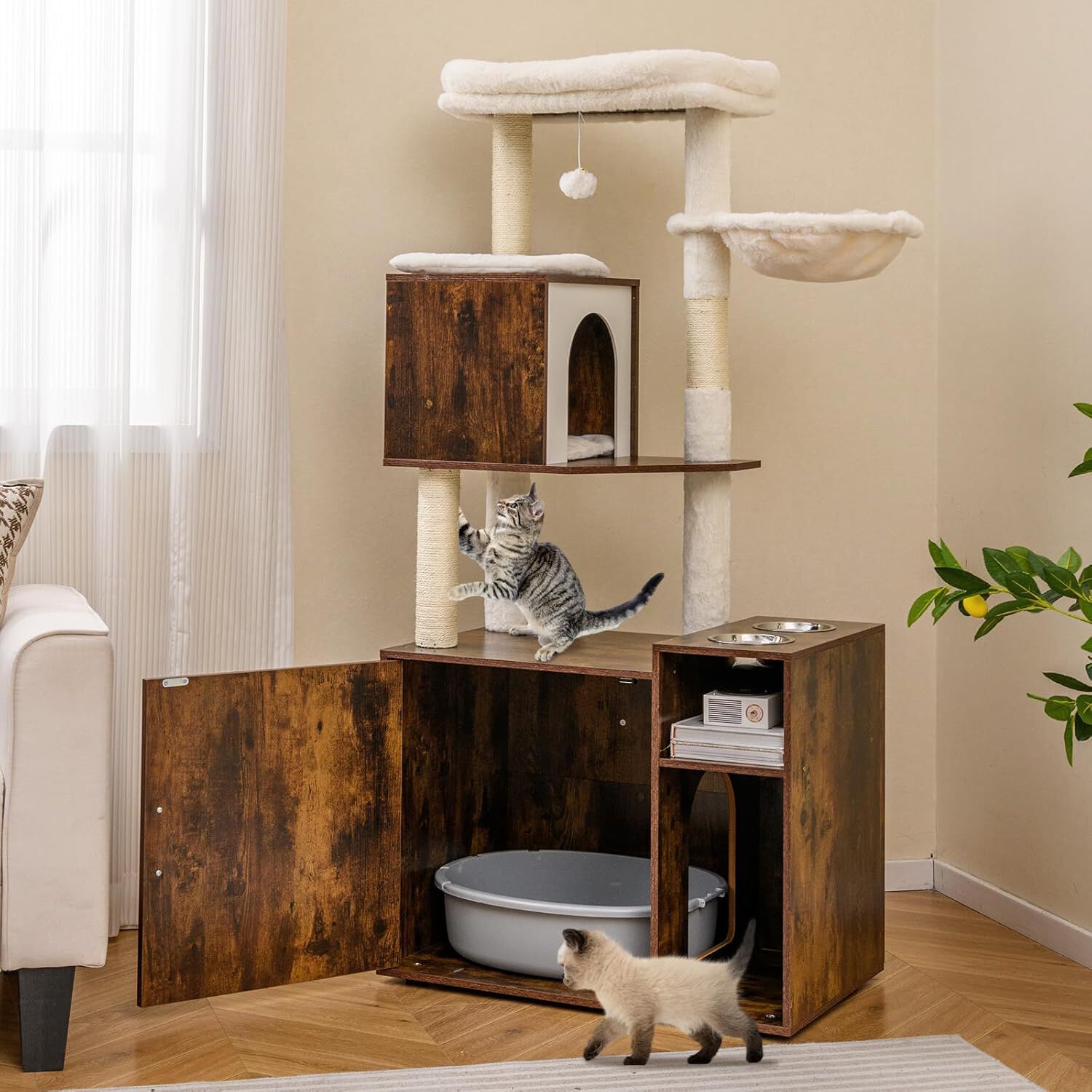 COSTWAY &Aacute;rbol Rascador con Caja de Arena para Gatos, Mueble Arenero Gatos con Poste y Alfombrilla Rascadora de Sisal, Pelota, Ba&ntilde;o Oculto, 2 Comederos, Caja de Arena Oculta Gato (Marr&oacute;n + Blanco), , large Imagen numero 2