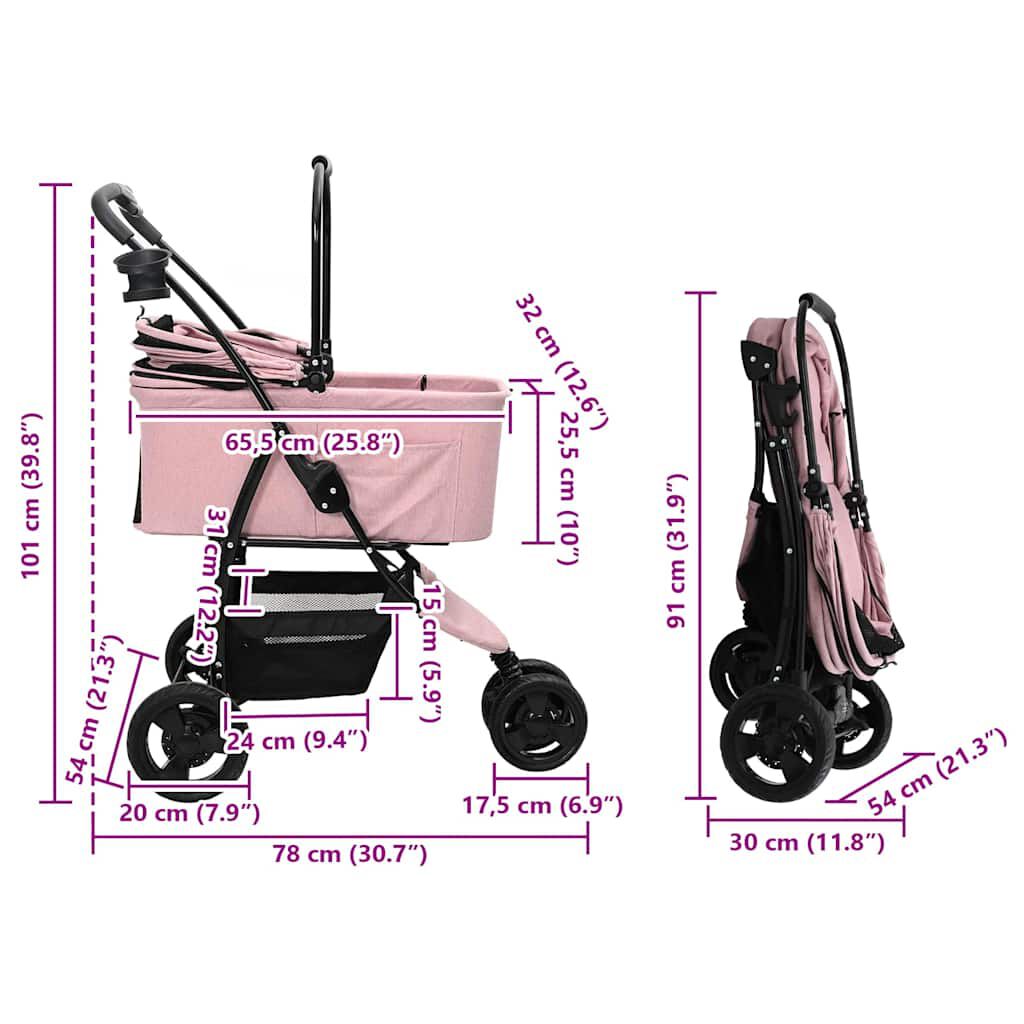 vidaXL Carrito Plegable para Mascotas Ajustable Rosa 78 x 54 x 101 cm, , large Imagen numero 4