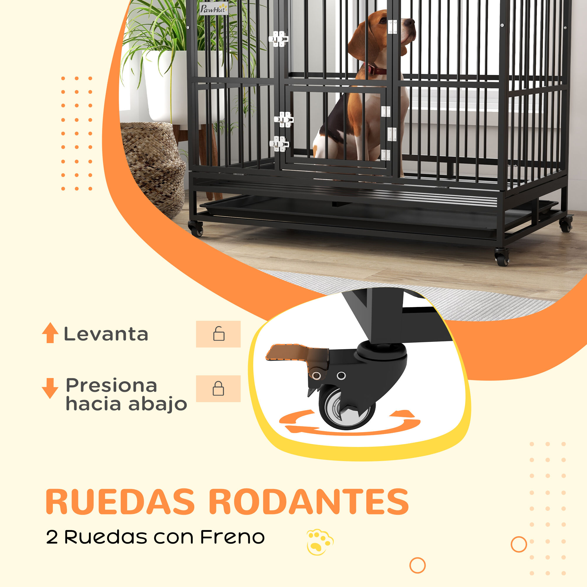 PawHut Jaula para Perros Grandes 123x74x125 cm Perrera Met&aacute;lica con Ruedas Bandeja Extra&iacute;ble Cerraduras 2 Puertas Frontal 1 Puerta en Techo y Marco de Acero Negro, , large Imagen numero 5