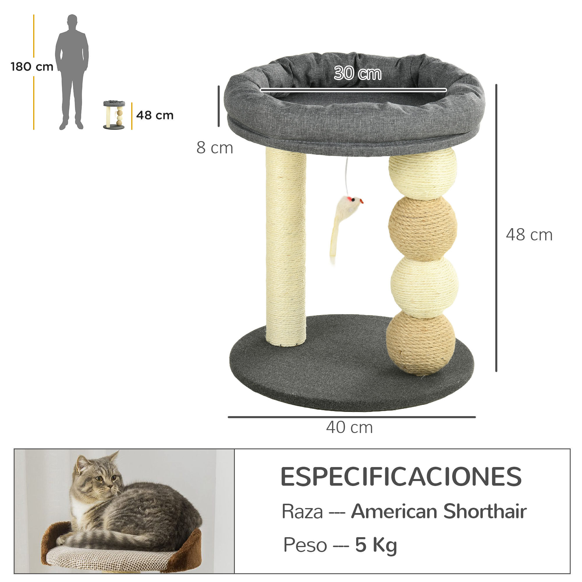 PawHut &Aacute;rbol Rascador para Gatos Peque&ntilde;o Torre para Gatos Centro de Actividades para Gatitos con Nido 4 Bolas y Poste de Sisal Carga 15 kg &Oslash;40x48 cm Gris y Beige, , large Imagen numero 3