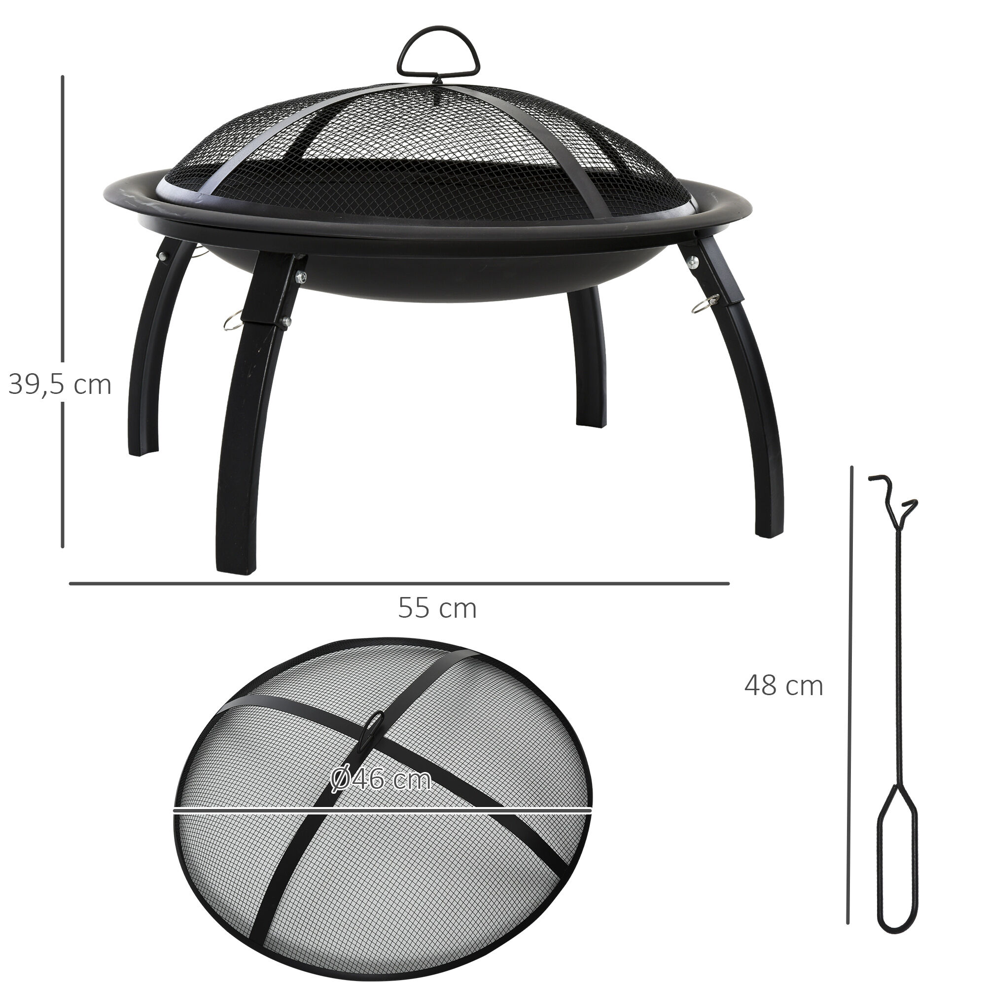 Outsunny Brasero Exterior &Oslash;55 cm Chimenea Hoguera Port&aacute;til para Calefacci&oacute;n Barbacoa Terraza Patio Camping Jard&iacute;n con Cubierta de Malla Atizador de Fuego Negro, , large Imagen numero 3