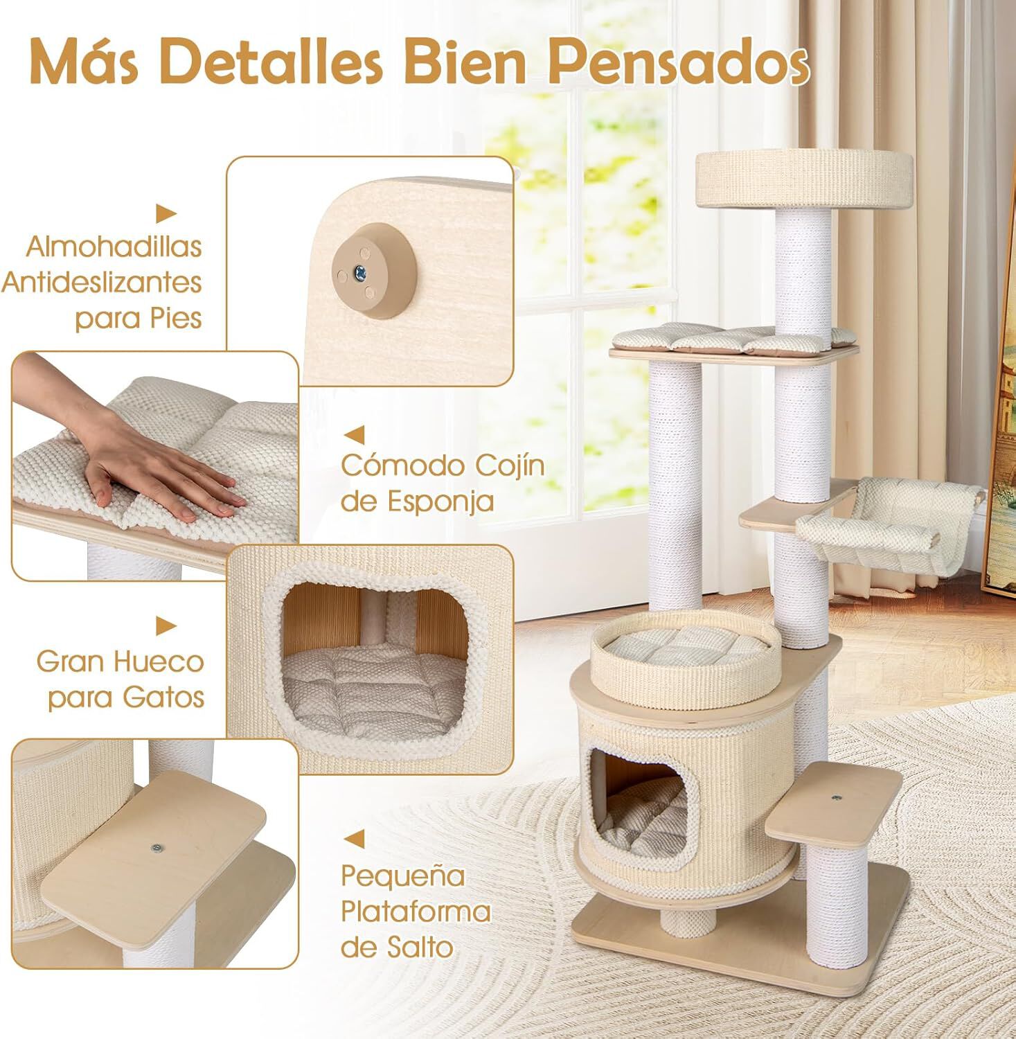 COSTWAY 151 cm &Aacute;rbol Rascador para Gatos, Torre Rascador para Gatitos con Percha Acolchada, Condo de 2 Niveles, Tapetes Desmontables, Poste para Rascar, Hamaca Acogedora, Castillo para Gatos, Blanco, , large Imagen numero 4