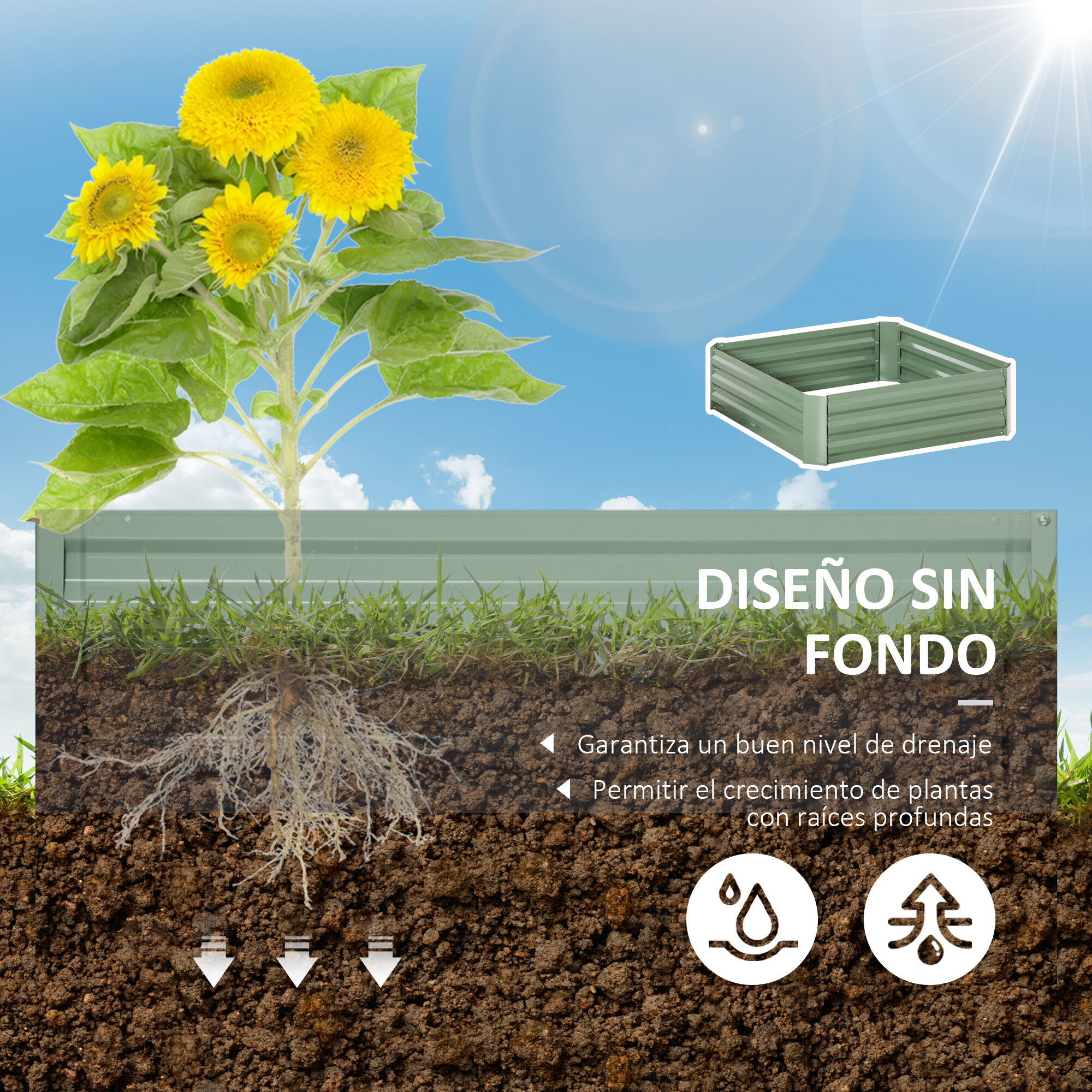 Outsunny Set de 2 Arriates de Jard&iacute;n de Acero Huerto Urbano Jardinera Macetero Cuadrado para Cultivos Plantas Flores Patio Exterior 100x100x30 cm Verde, , large Imagen numero 5