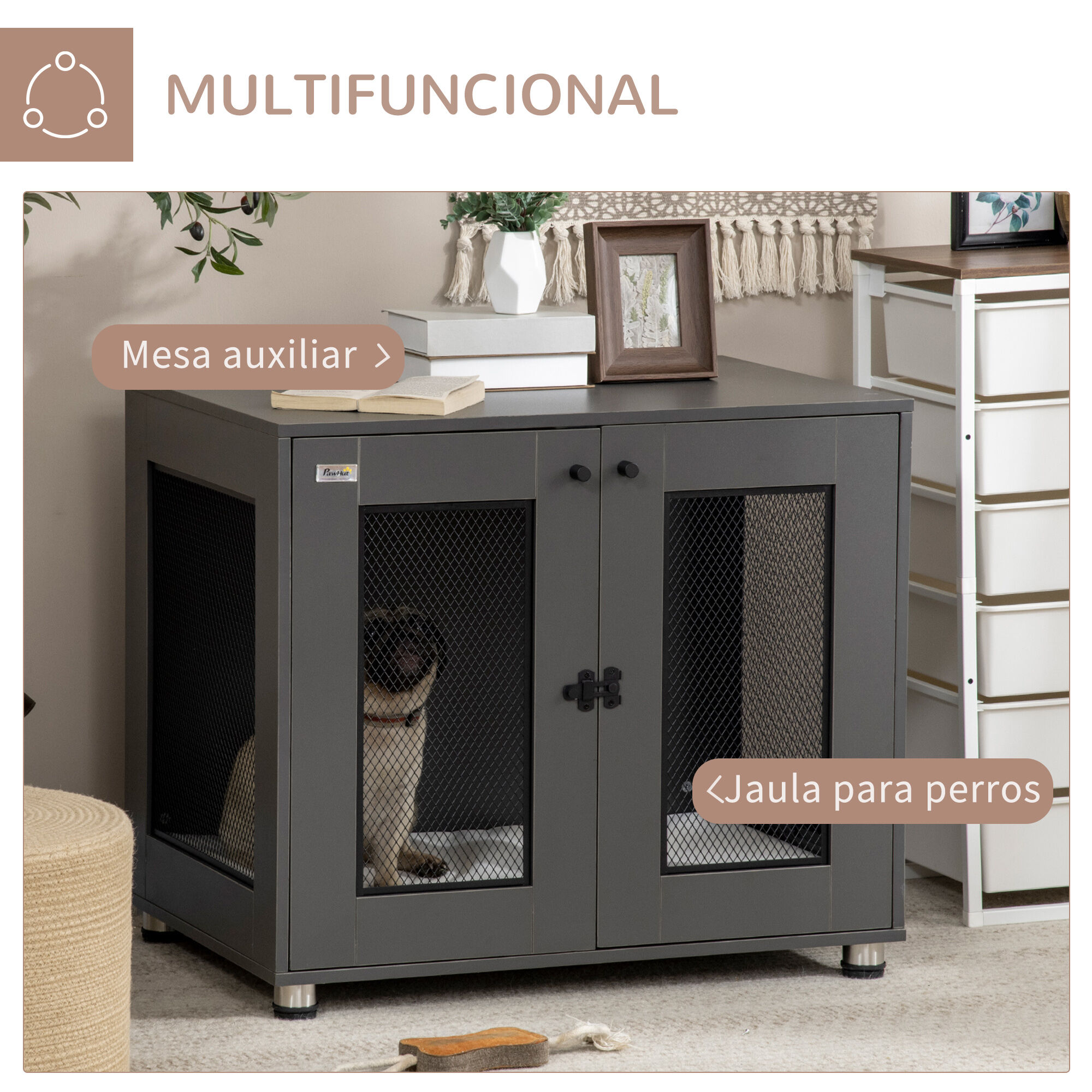 PawHut Jaula para Perros Medianos Mesa Auxiliar 80x55x70 cm con 2 Puertas con Pestillo Coj&iacute;n de Tela Oxford Extra&iacute;ble y Rejillas de Acero Perrera para Interiores Gris, , large Imagen numero 5