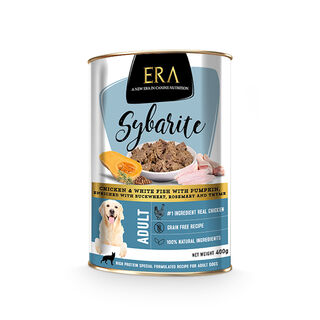 Era Sybarite Adulto Pollo, Pescado y Calabaza en paté lata para perros