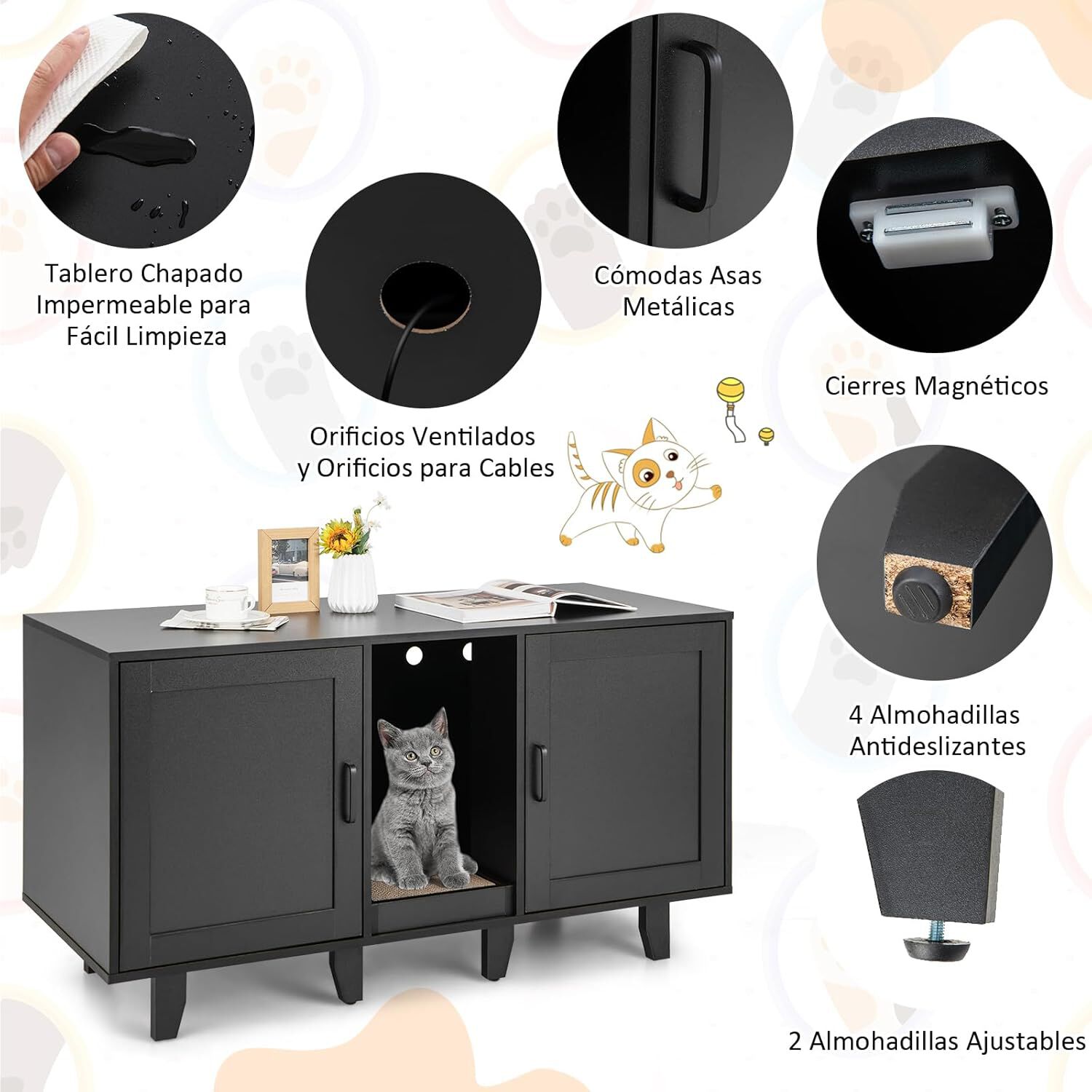 COSTWAY Cajas de Arena para Gatos, Casa de Ba&ntilde;o Oculto para Mascota con 2 Puertas, Arenero Cubierto con Entrada Sinuosa y Tablero Rascador, Mesa Auxiliar para Gatos 120 x 52 x 65 cm (Negro), , large Imagen numero 4