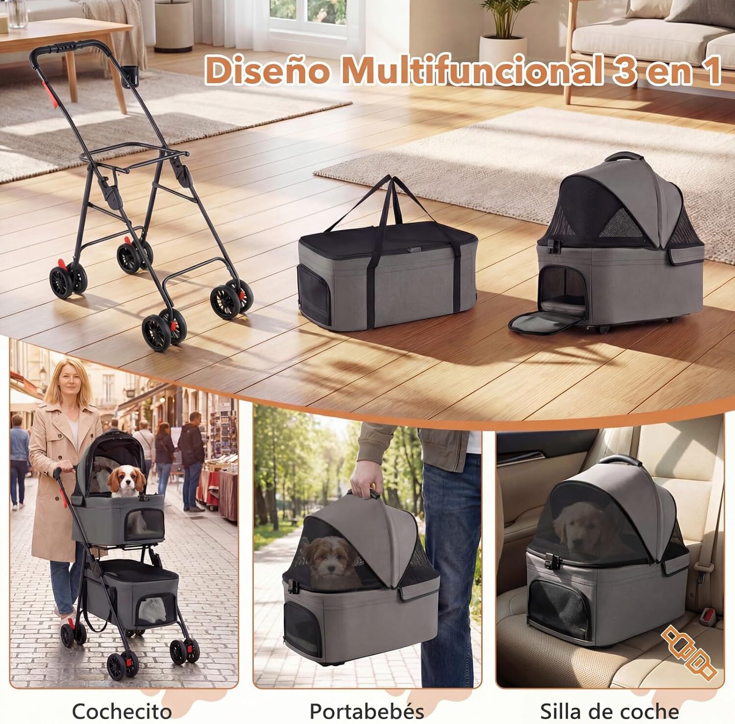 COSTWAY Carrito para Perros Plegable Doble 3 en 1, Cochecito para Perros con 2 Portadores Desmontables, Ruedas con Freno, Malla Transpirable, Portavasos, Carro para Mascotas hasta 15 kg, Gris, , large Imagen numero 3