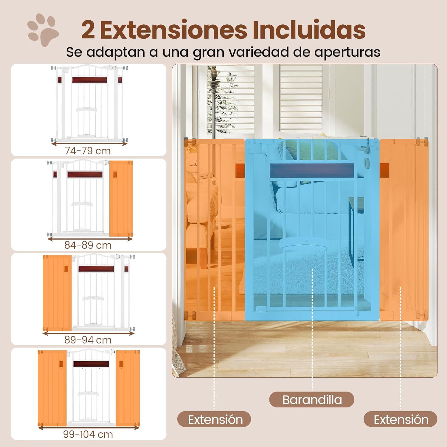COSTWAY Barrera de Seguridad Extensible para Puertas 74-104 cm, para Puertas y Escaleras, Montaje a Presi&oacute;n sin Taladrar ni Herrajes, Cerraduras Dobles, Puerta de Perro Expandible de Metal (Blanco), , large Imagen numero 4
