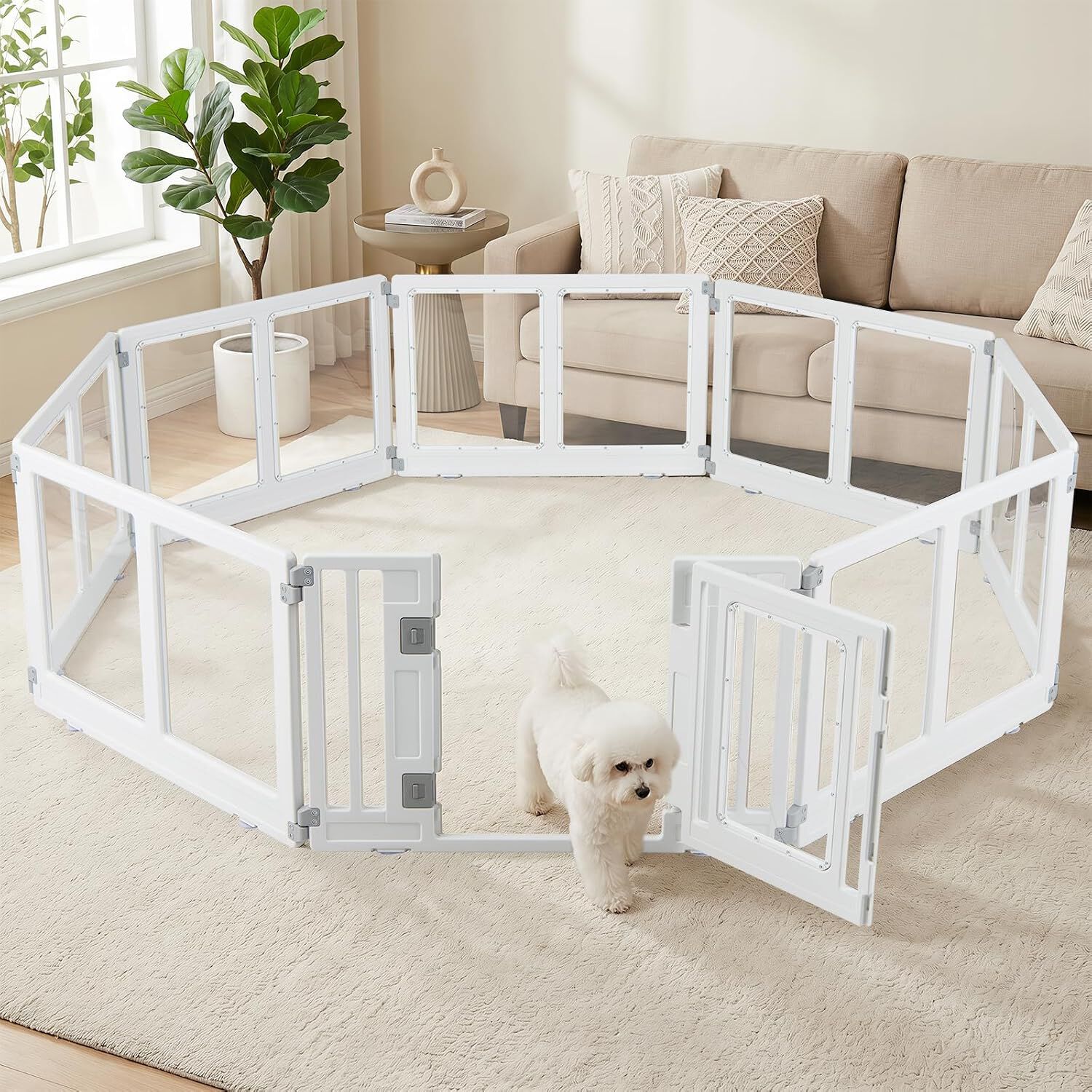 COSTWAY Parque para Cachorros Transparente con Cerradura Doble, Ventosas, F&aacute;cil Montaje, Valla de Seguridad para Perros Convertible para Interior y Exterior, 8 Paneles, , large Imagen numero 2